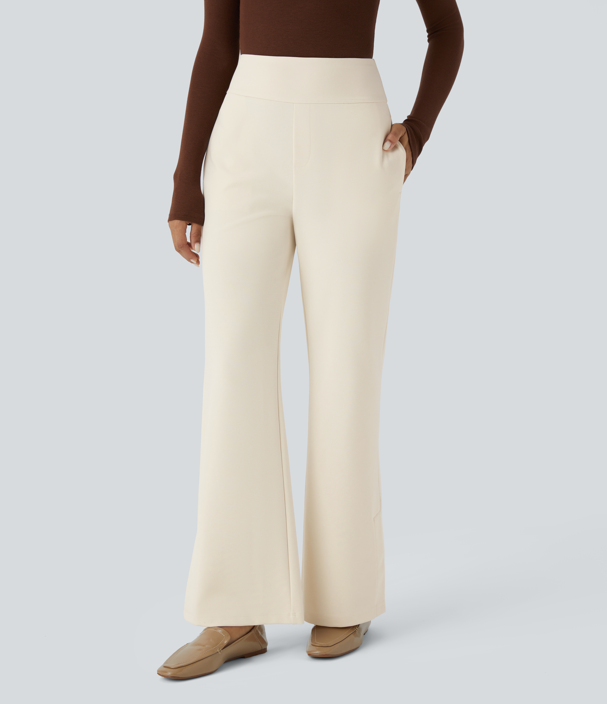 Halara High Waisted Multiple Pockets Split Slight Flare Work Pants  - Arctic Wolf - M(regular) sweatpants jogger pants stacked sweatpants 