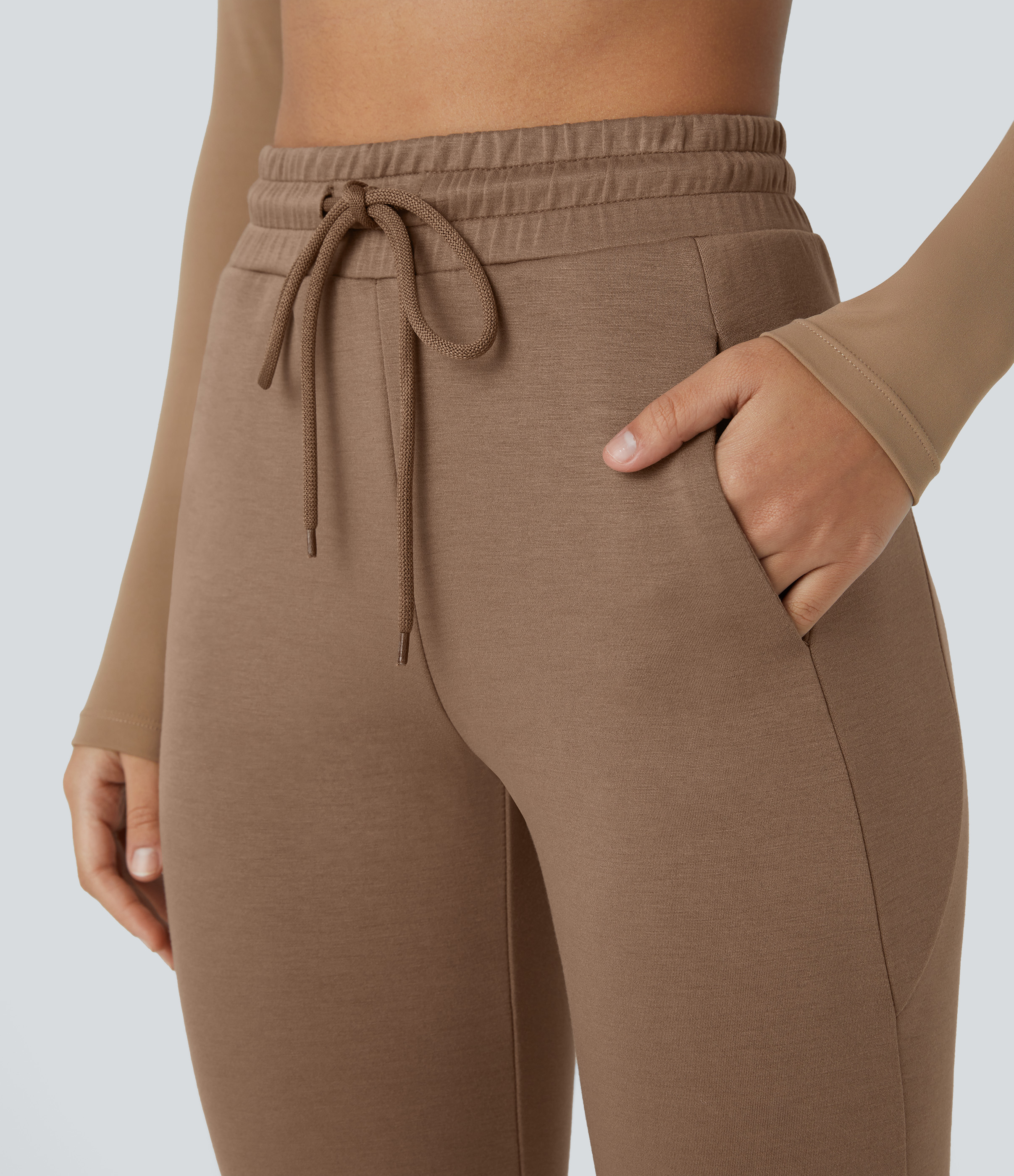 Halara High Waisted Drawstring Side Pocket Flare Yoga Pants  - Raw Umber - M 