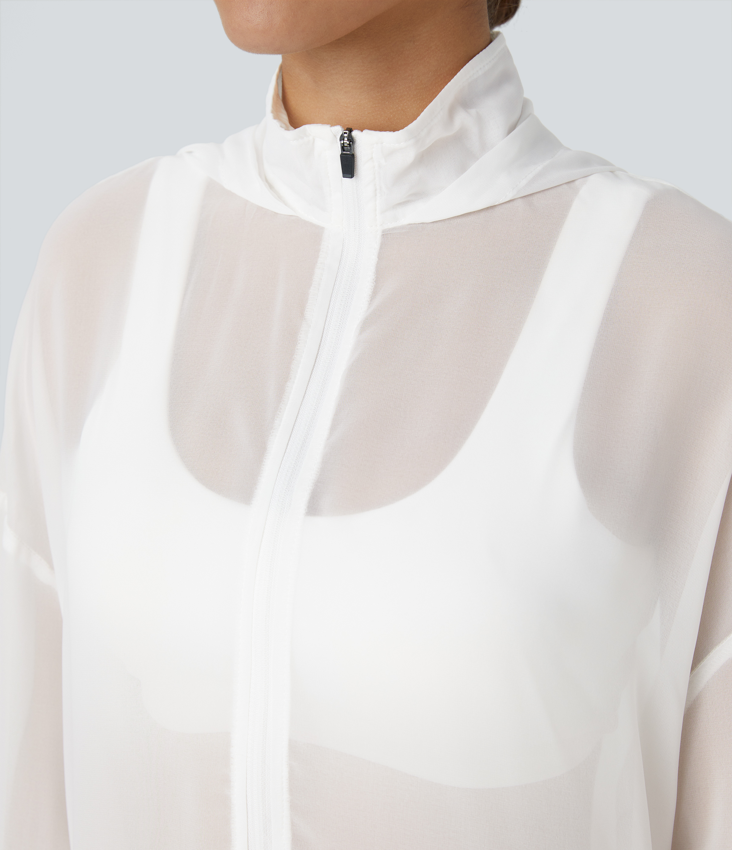 Halara Hooded Zipper Adjustable Drawcord Sheer Oversize Hiking Chiffon Jacket  - White - XS 