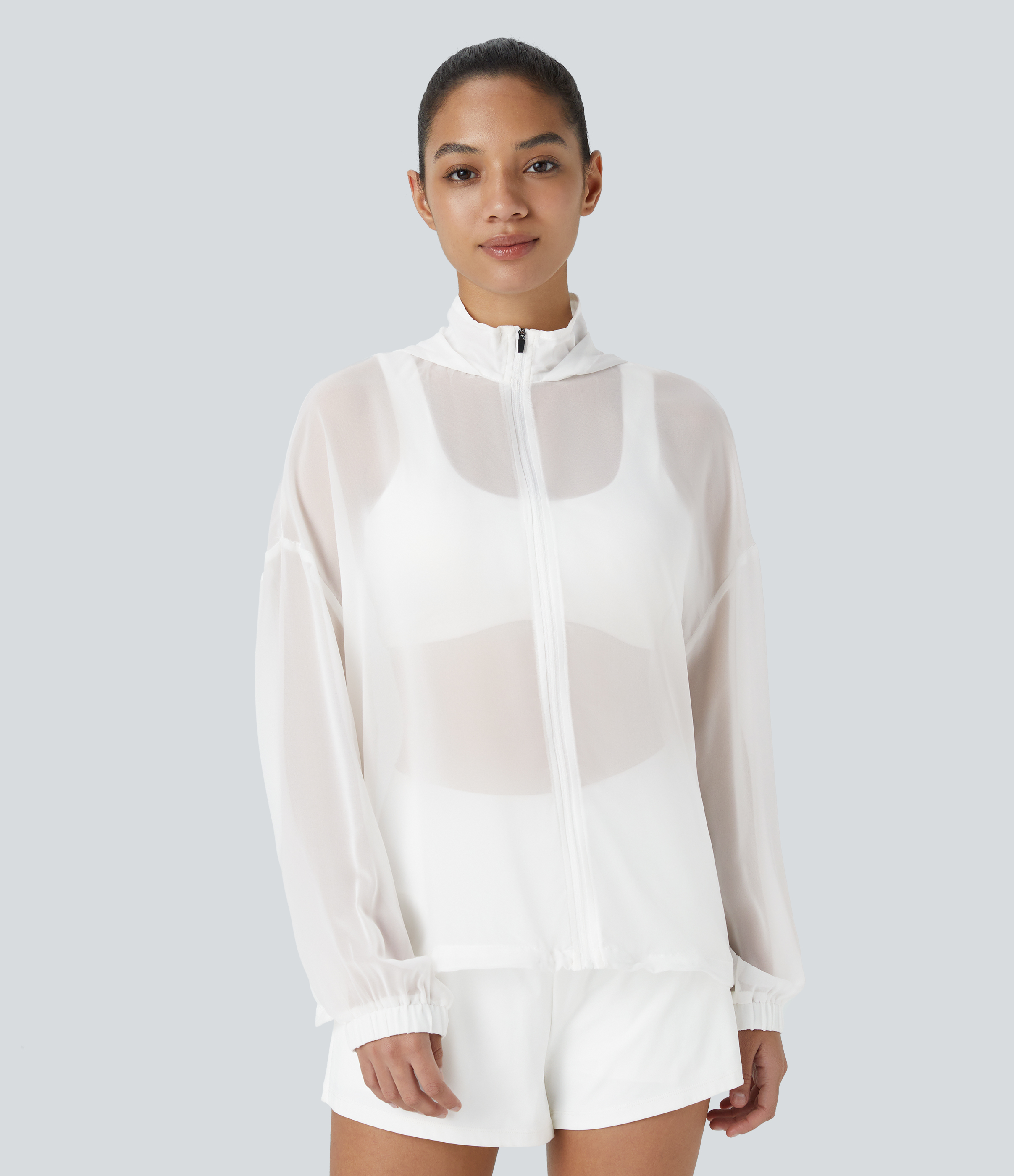 Halara Hooded Zipper Adjustable Drawcord Sheer Oversize Hiking Chiffon Jacket  - White - XS 