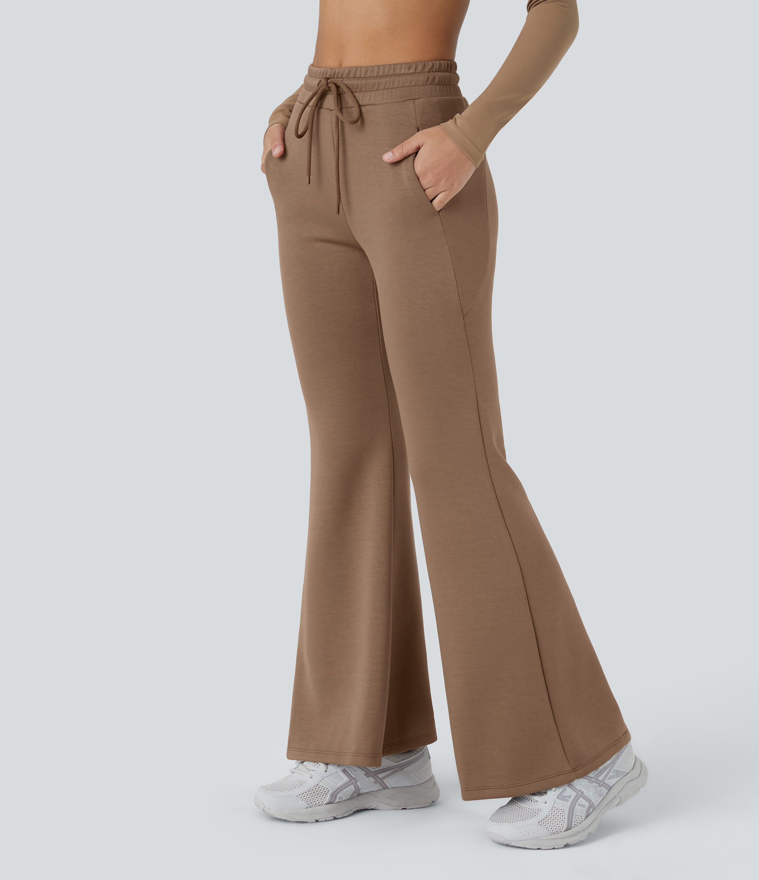 Halara High Waisted Drawstring Side Pocket Flare Yoga Pants  - Raw Umber - M 