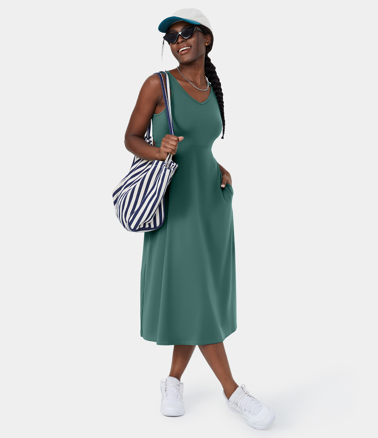Halara V Neck Side Pocket Cut Out Midi Casual Dress Casual Dress - Blue Spruce - S slip dress beach dress ruched dress halter dress 