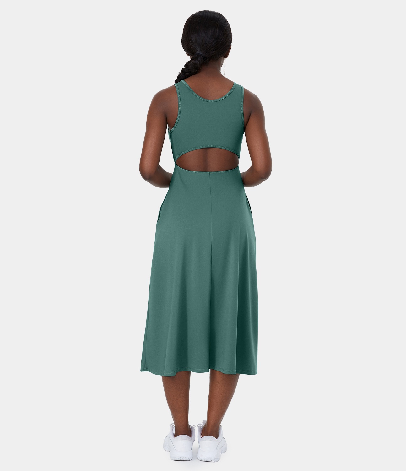 Halara V Neck Side Pocket Cut Out Midi Casual Dress Casual Dress - Blue Spruce - S slip dress beach dress ruched dress halter dress 