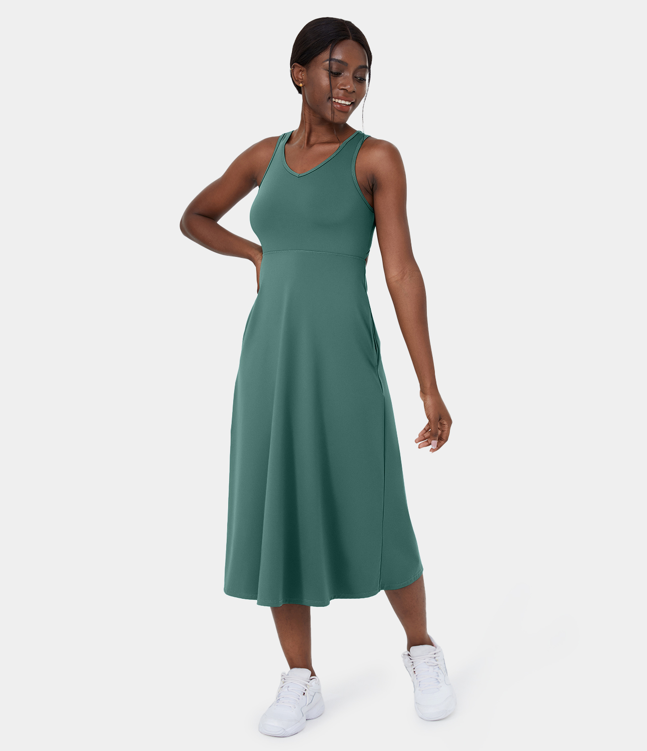 Halara V Neck Side Pocket Cut Out Midi Casual Dress Casual Dress - Blue Spruce - S slip dress beach dress ruched dress halter dress 