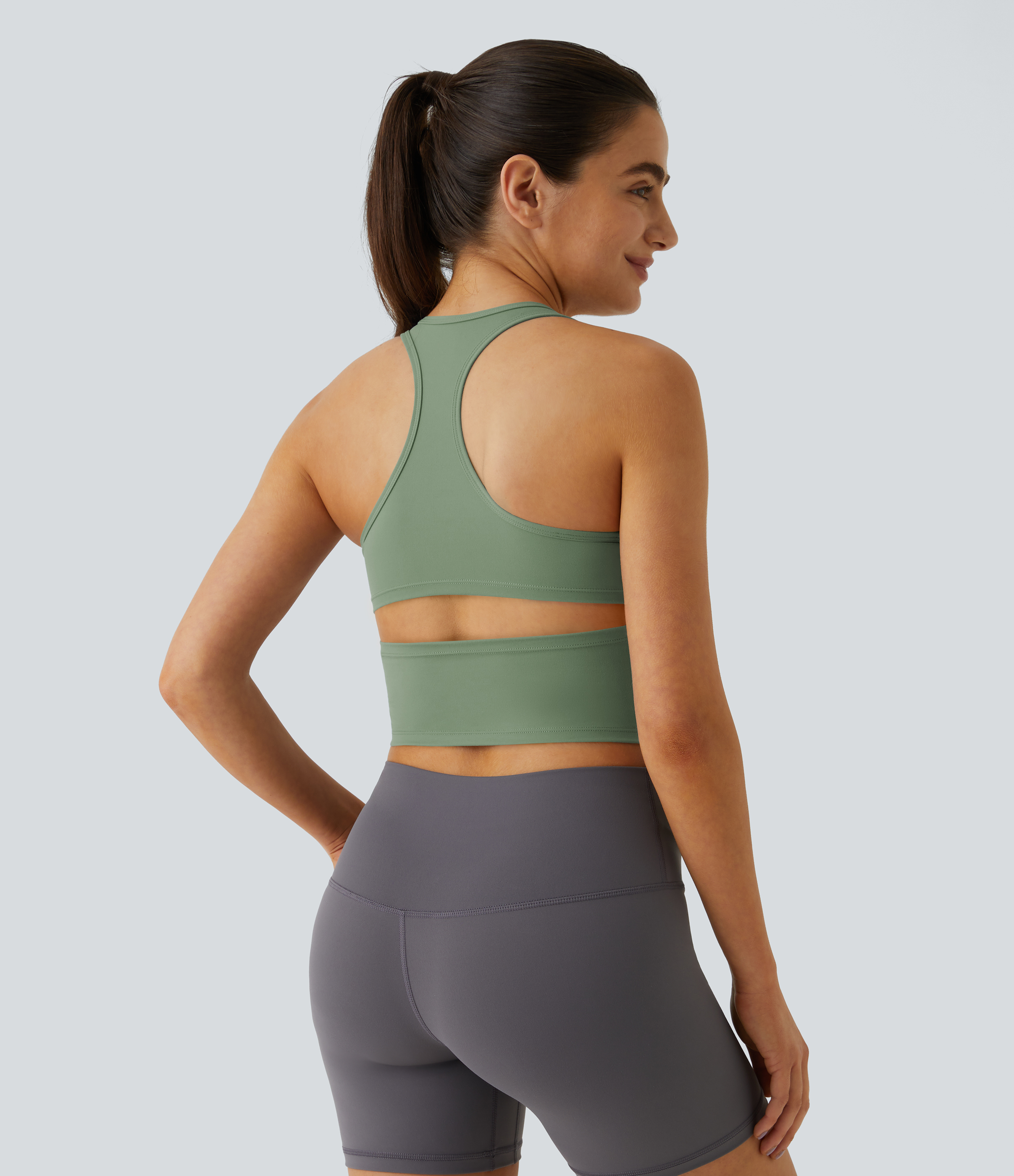 Halara In My Feels Cloudfulв„ў Fabric U Neck Backless Racerback Cut Out Cropped Yoga Tank Top Tank Top - Asparagus - S golf tops halter top 