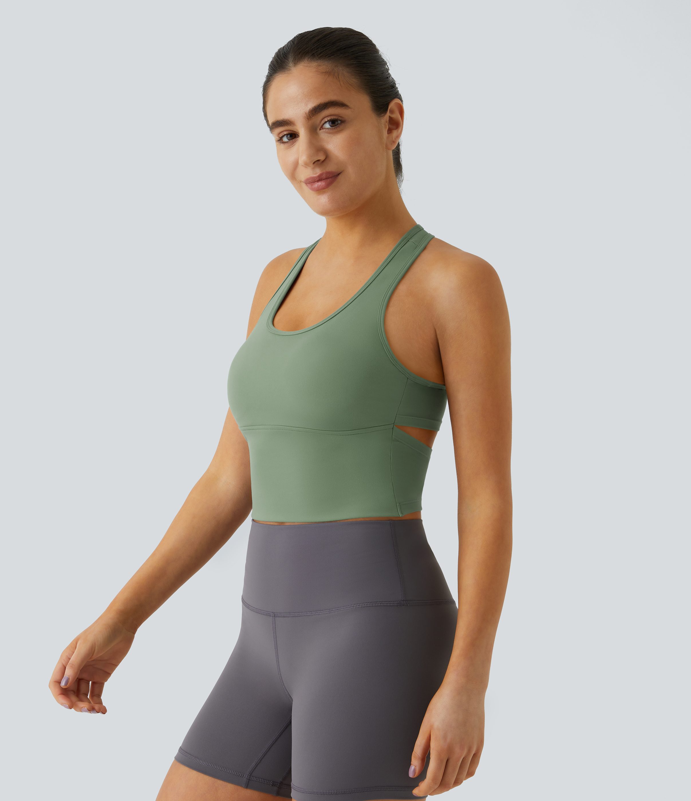 Halara In My Feels Cloudfulв„ў Fabric U Neck Backless Racerback Cut Out Cropped Yoga Tank Top Tank Top - Asparagus - S golf tops halter top 
