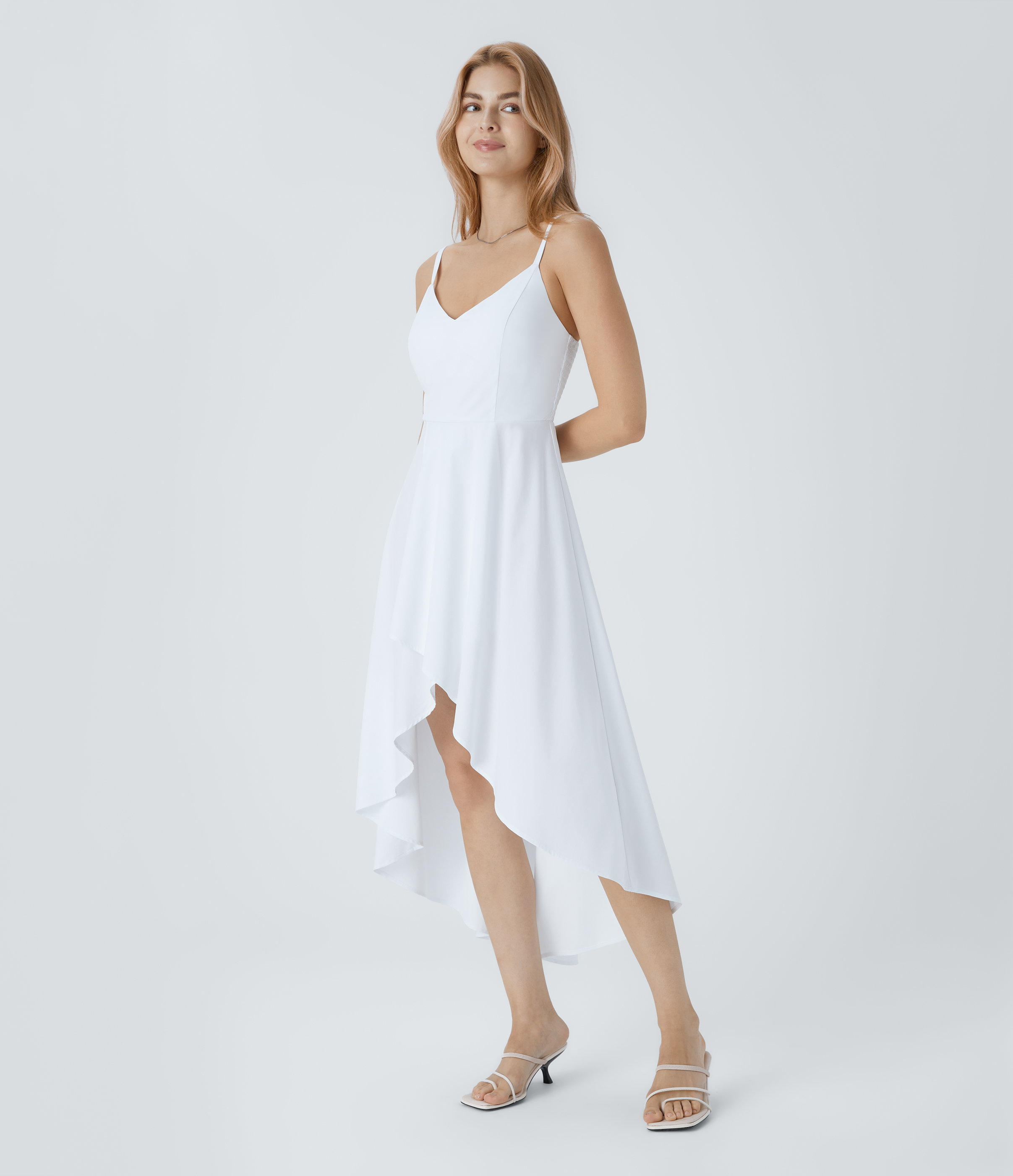 Halara Breezefulв„ў Adjustable Strap Backless Shirred Invisible Zipper High Low Flowy Quick Dry Maxi Slip Resort Dress Casual Dress - White - M 