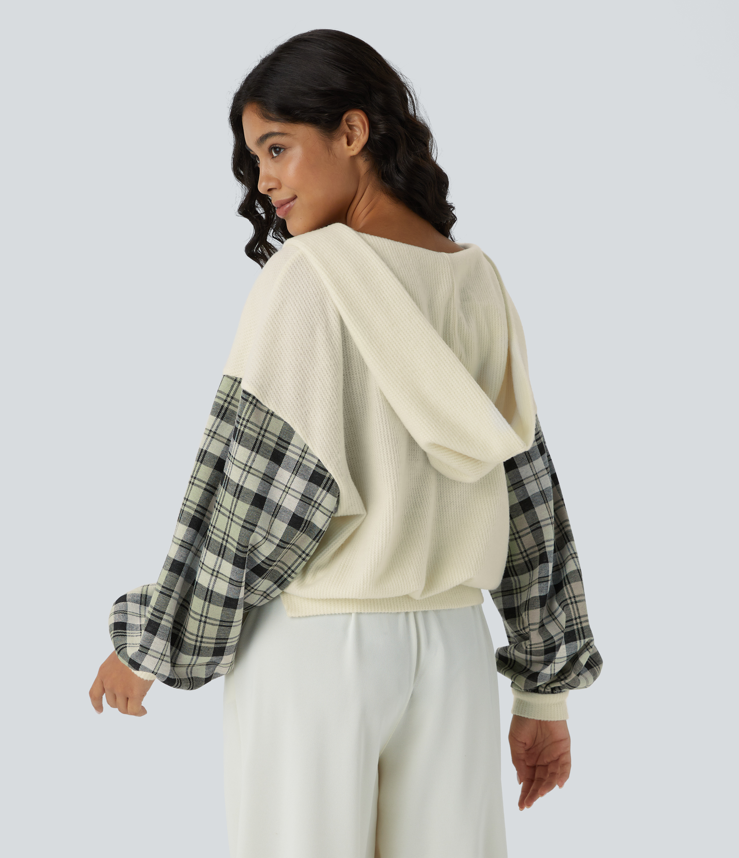 Halara V Neck Hooded Long Sleeve Color Block Waffle Casual Sweatshirt  - Light Gray - XL 