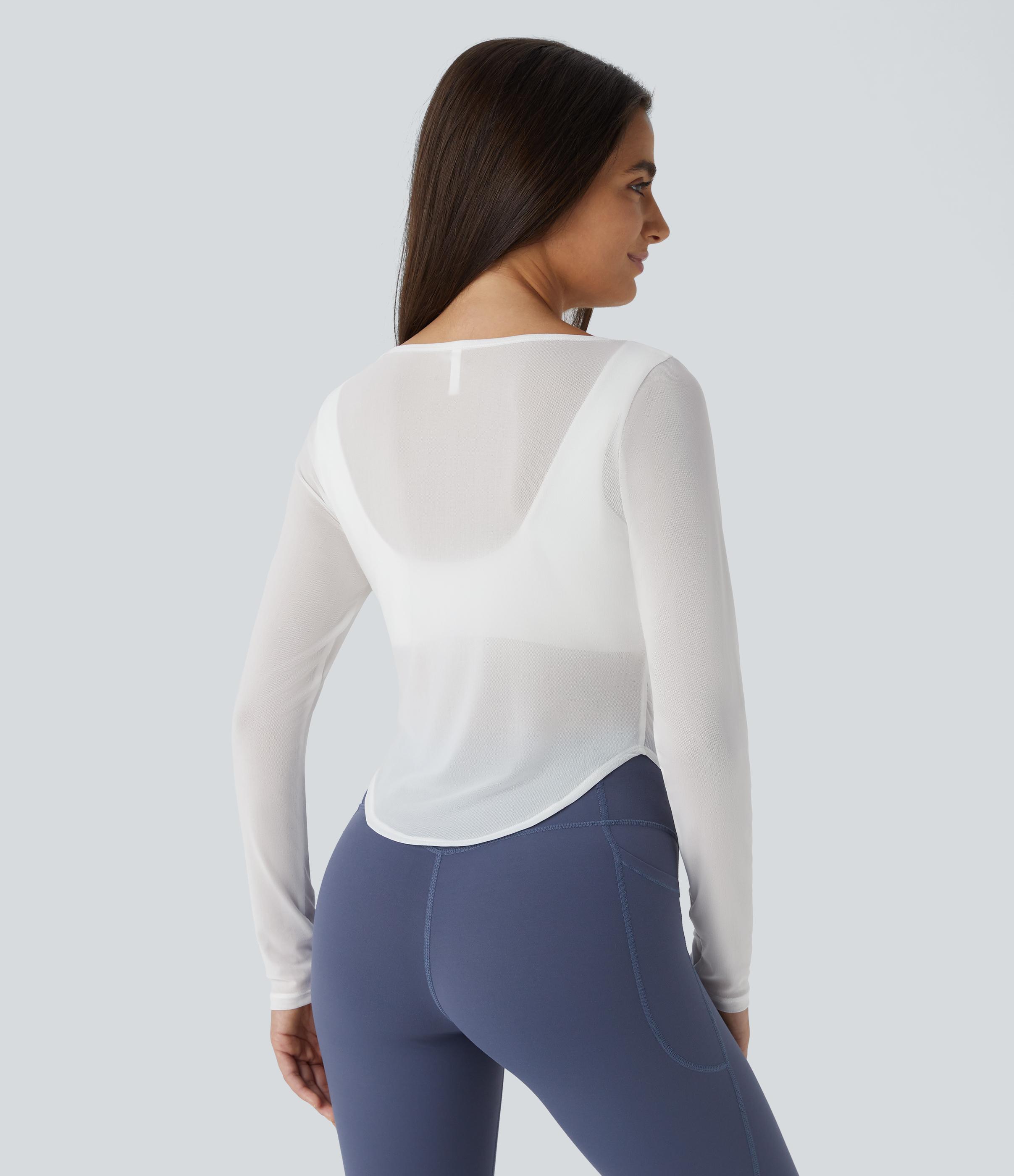 Halara Sheer Mesh V Notch Long Sleeve Ruched Curved Hem Yoga Sports Top  - Blanc de Blanc - XS 