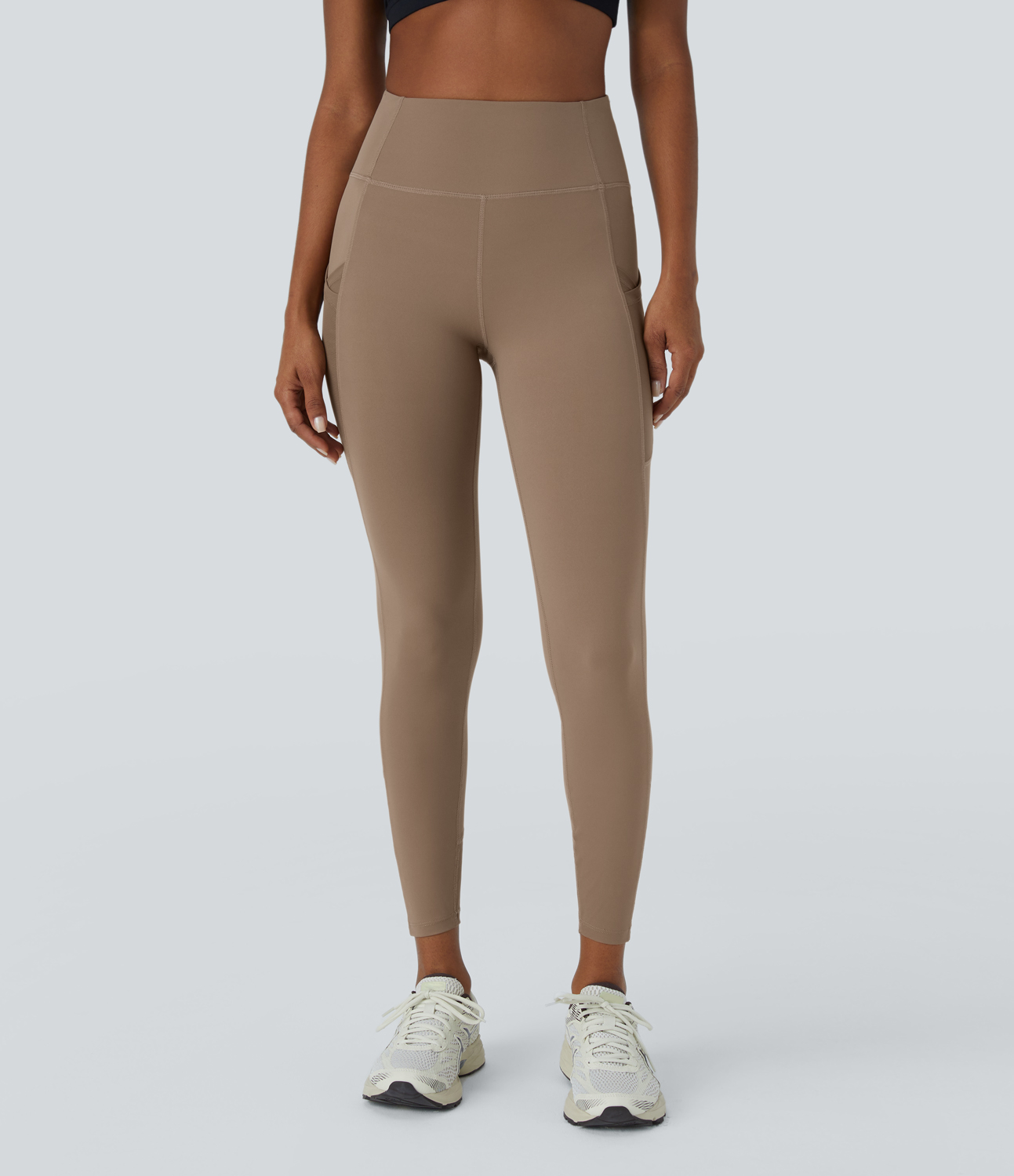 Halara High Waisted Side Crossover Pocket Contrast Mesh 7/8 Yoga Leggings  - Woodsmoke - L(7/8) gym leggings leggings with pockets 