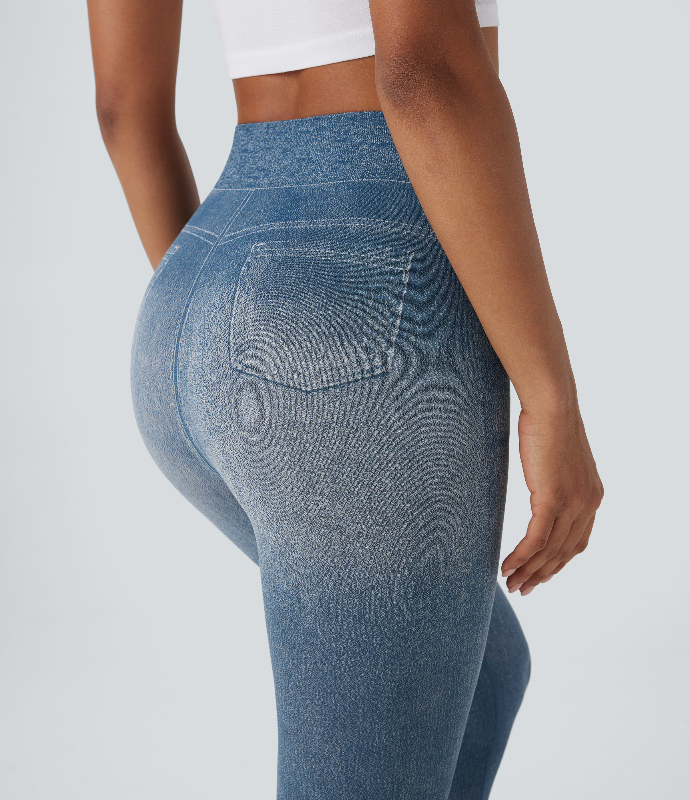 Halara Seamless Flow High Waisted Denim Like Yoga Leggings  - Washed Denim Light Blue - S(full_length) 