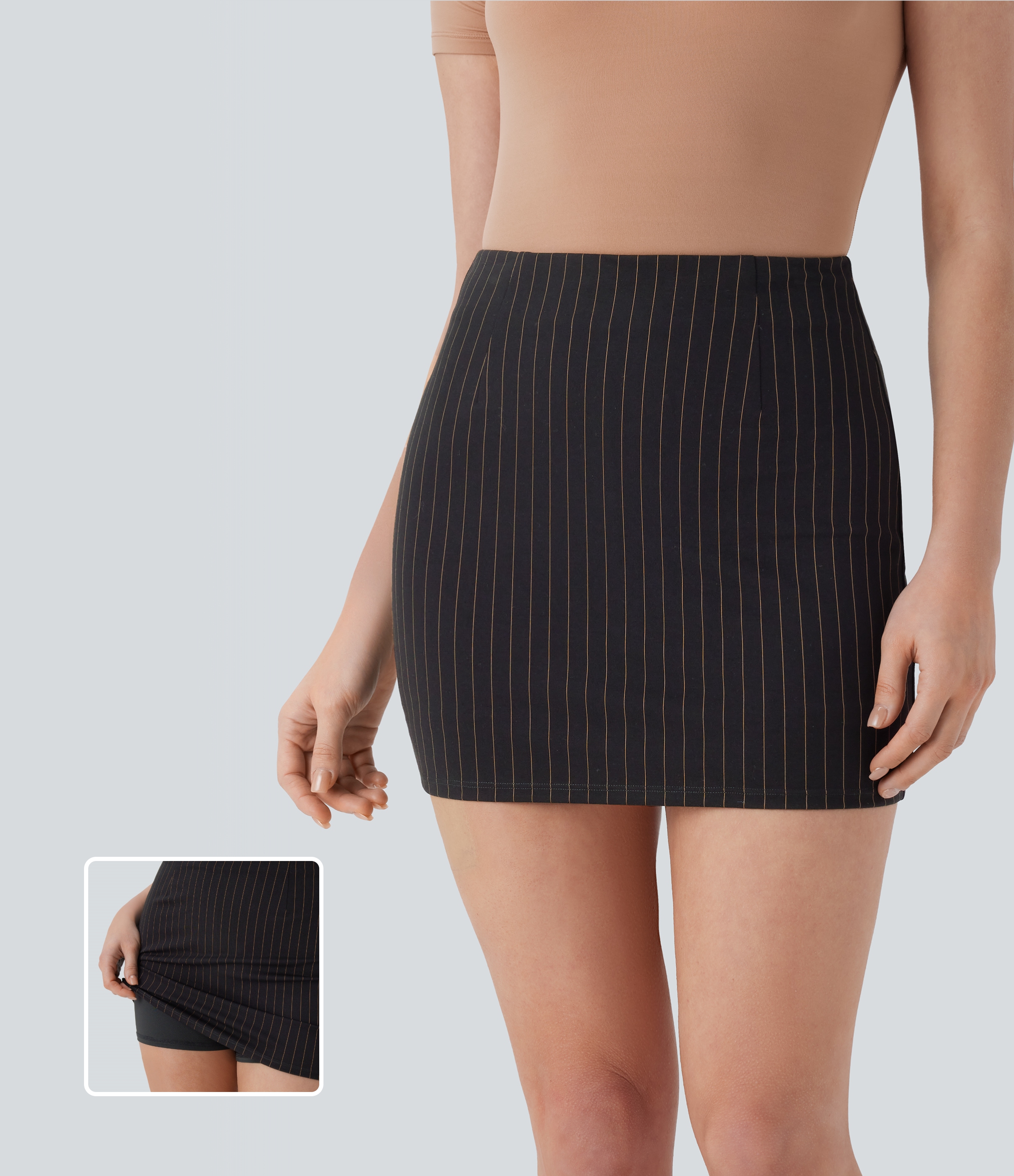 Halara High Waisted 2-in-1 Bodycon Cool Touch Stripe Mini Work Skirt  - Black Brown Black Pinstripe - M(regular) 