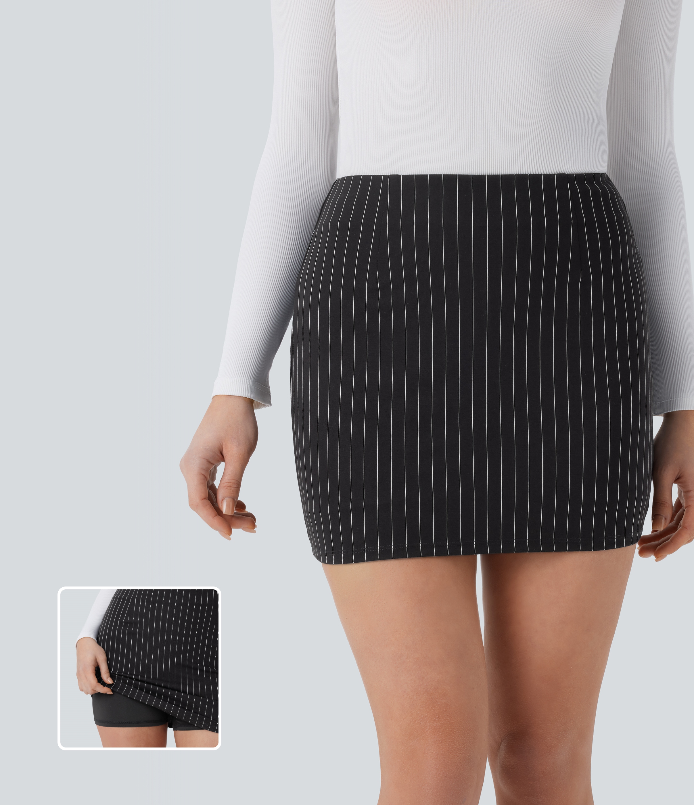 まほろばSHOP Women's High Waisted 2-in-1 Bodycon Cool Touch Stripe Mini