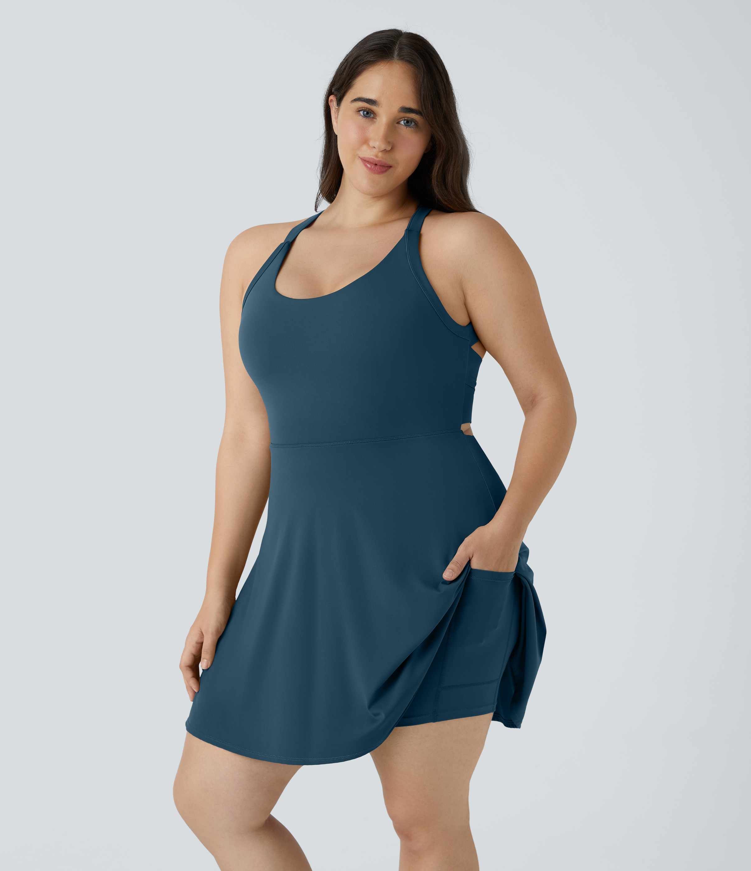 Halara Backless Cut Out Twisted Side Pocket 2-in-1 Plus Size Barre Ballet Dance Dress  - Majolica Blue - 3X 