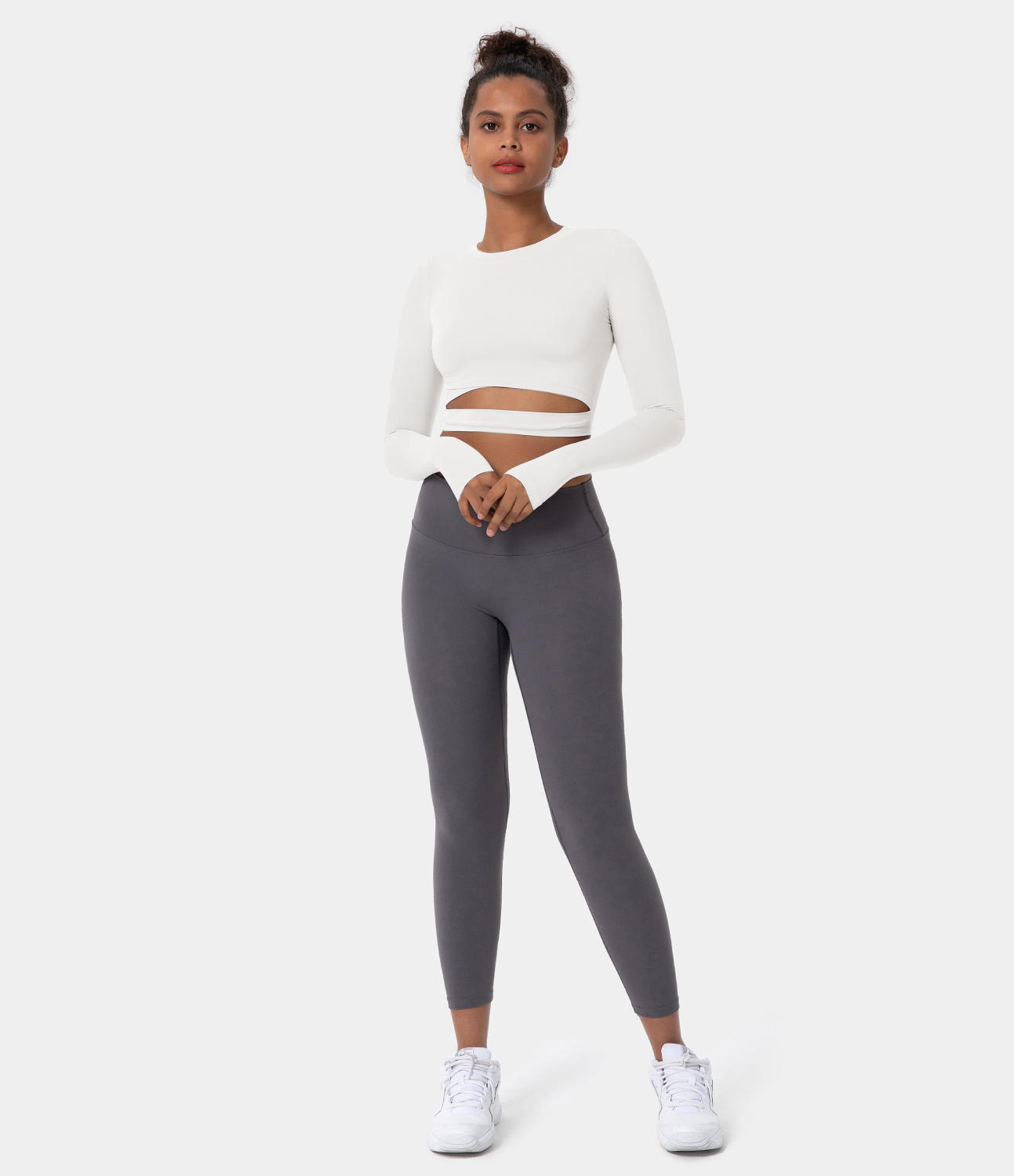 Halara Crew Neck Thumb Hole Cut Out Cropped Sports Top  - White - L 