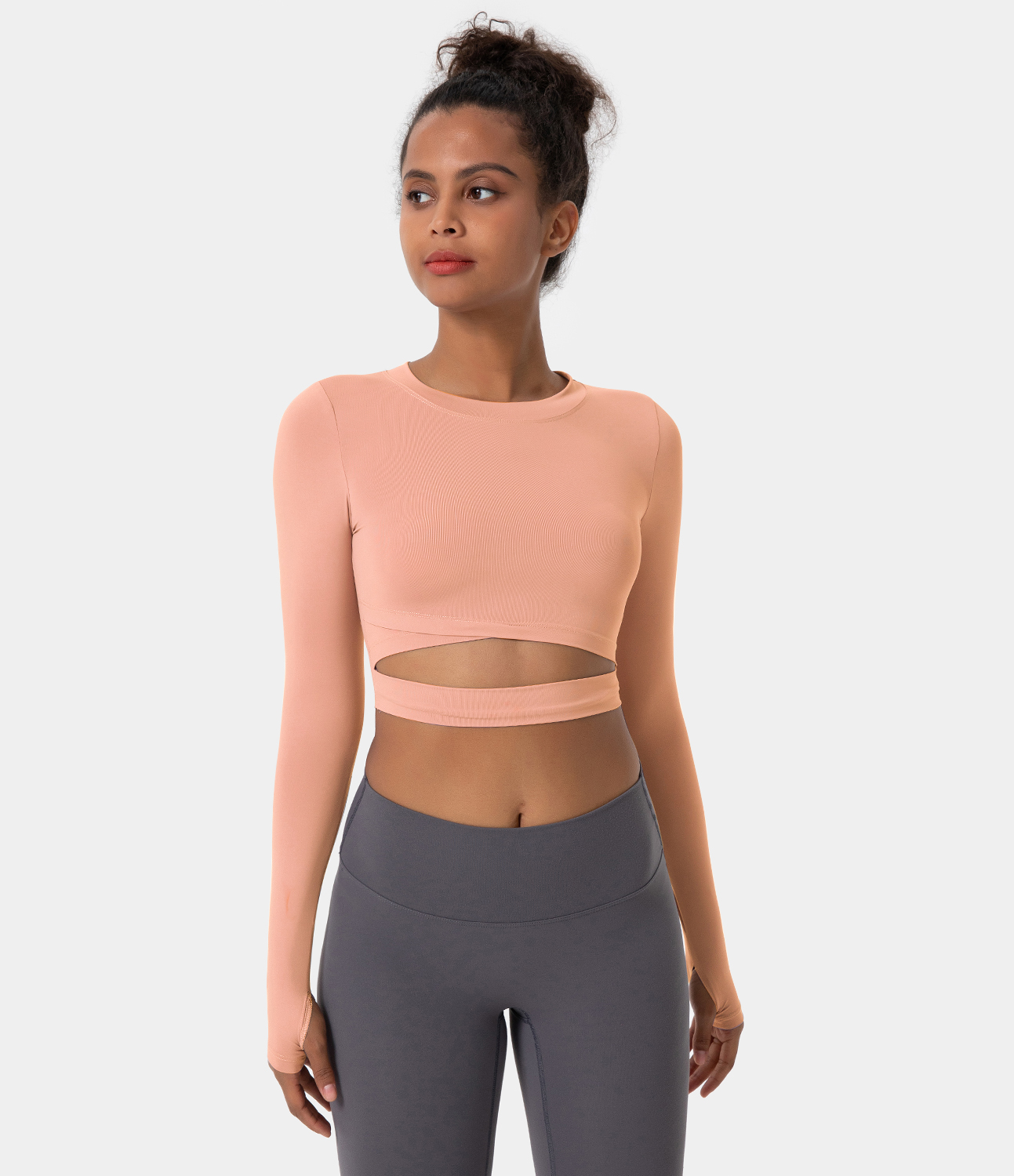 Halara Crew Neck Thumb Hole Cut Out Cropped Sports Top  - Pastel Red - S 