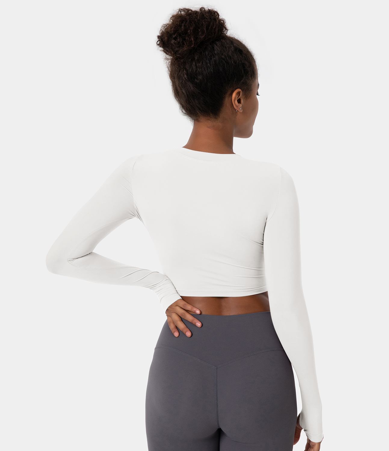 Halara Crew Neck Thumb Hole Cut Out Cropped Sports Top  - White - L 