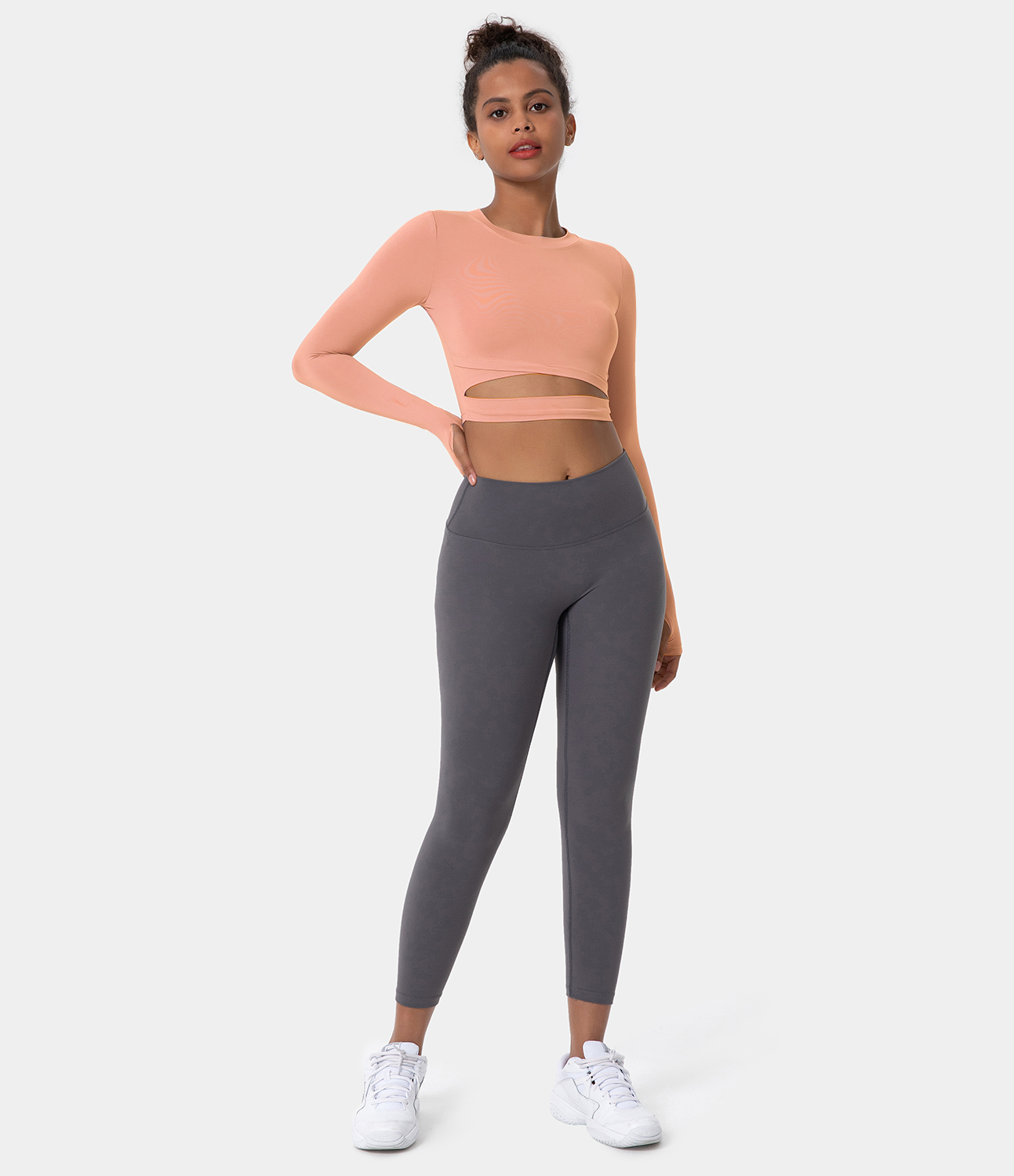 Halara Crew Neck Thumb Hole Cut Out Cropped Sports Top  - Pastel Red - S 