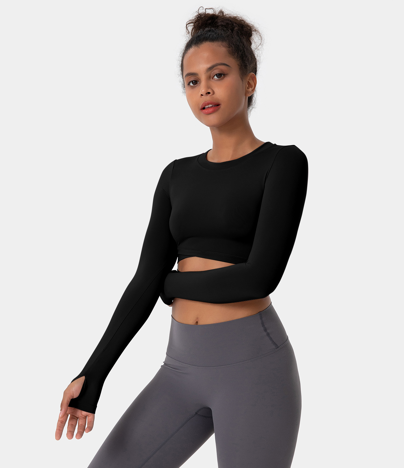 Halara Crew Neck Thumb Hole Cut Out Cropped Sports Top  - Black - L 