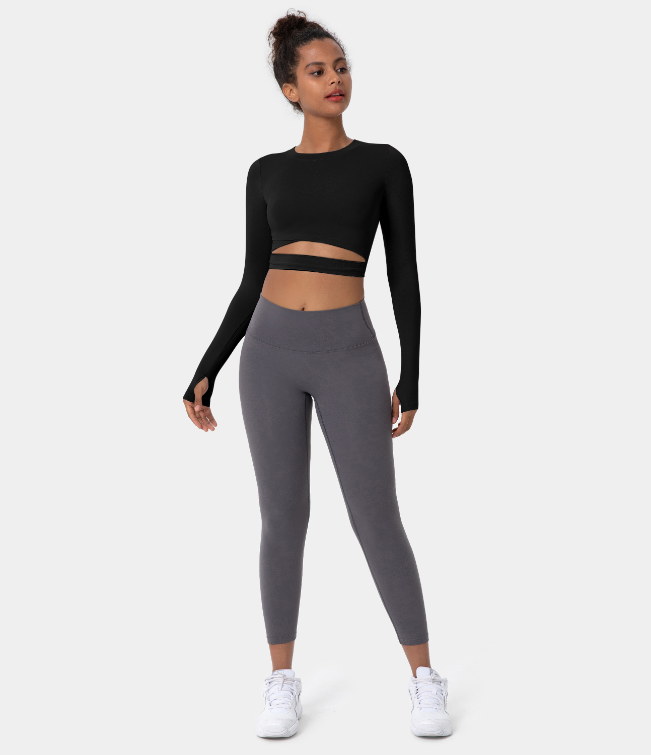 Halara Crew Neck Thumb Hole Cut Out Cropped Sports Top  - Black - L 