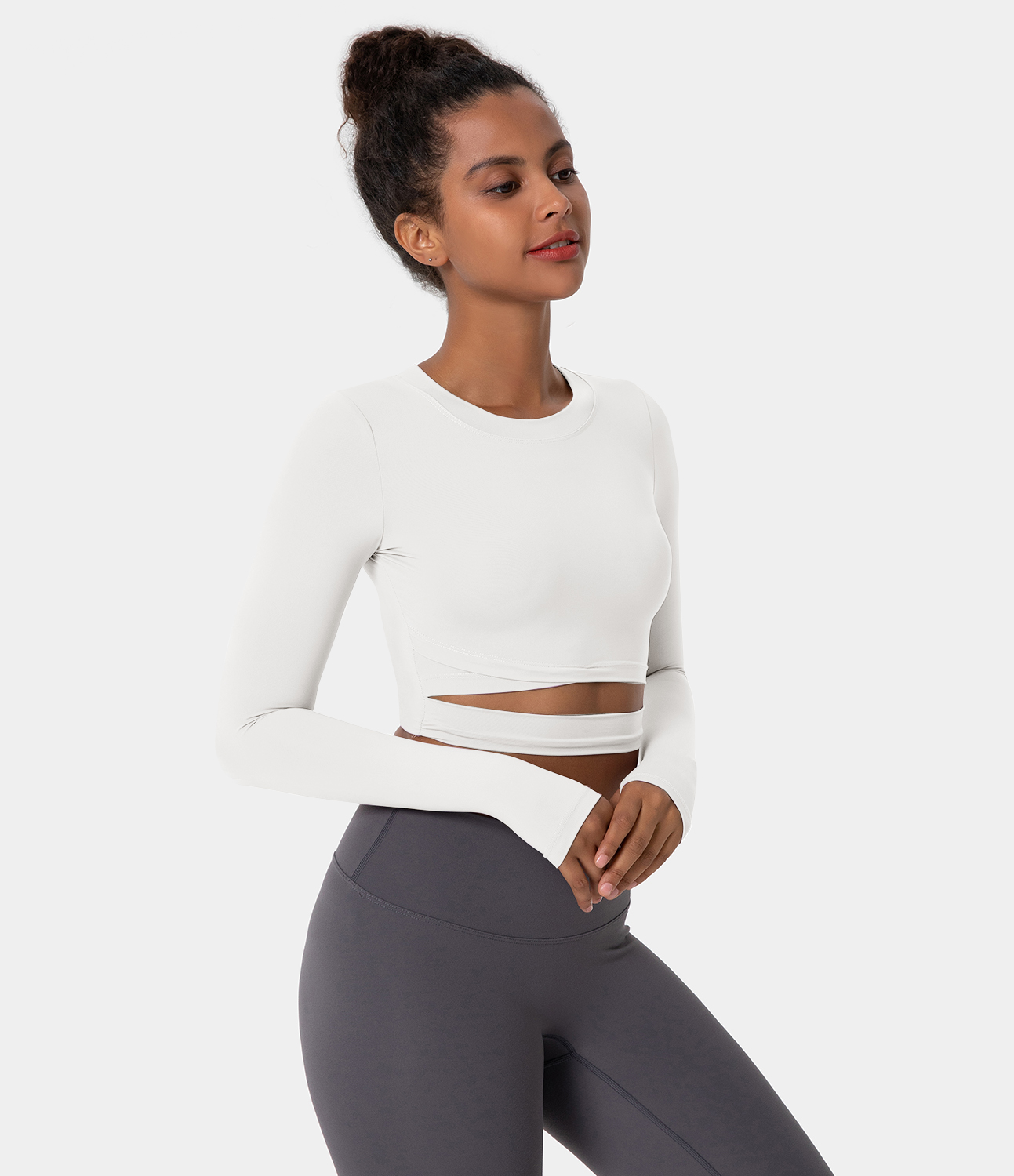 Halara Crew Neck Thumb Hole Cut Out Cropped Sports Top  - White - L 