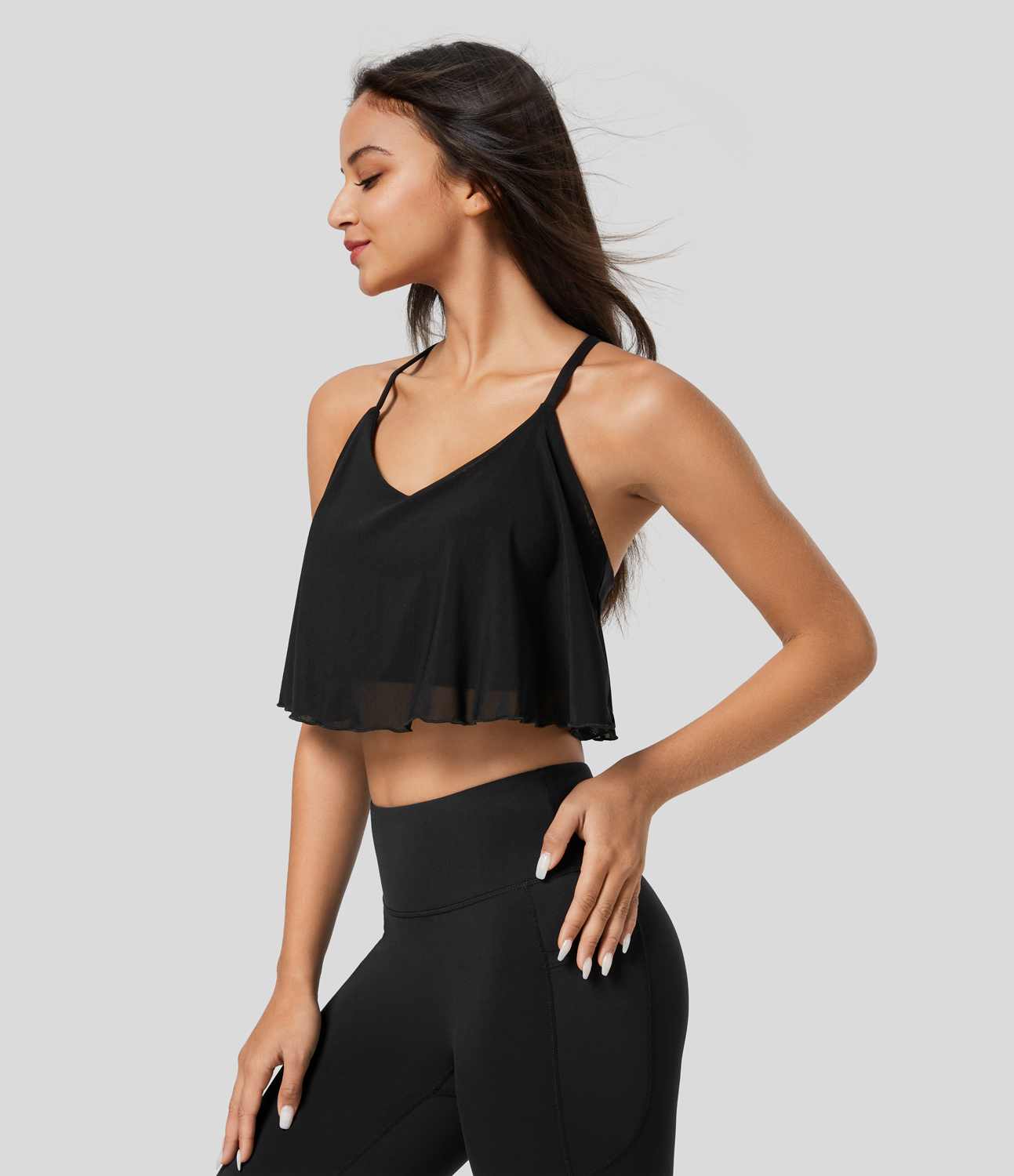 Halara Crisscross Backless Contrast Mesh Cropped Yoga Cami Top Tank Top - Black - XS golf tops halter top tunic tops sleeveless tops 