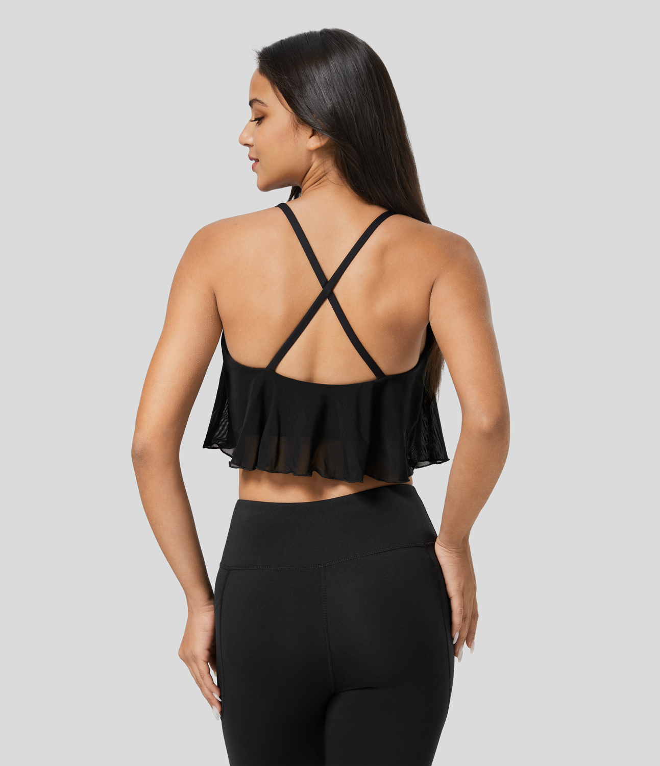 Halara Crisscross Backless Contrast Mesh Cropped Yoga Cami Top Tank Top - Black - XS golf tops halter top tunic tops sleeveless tops 