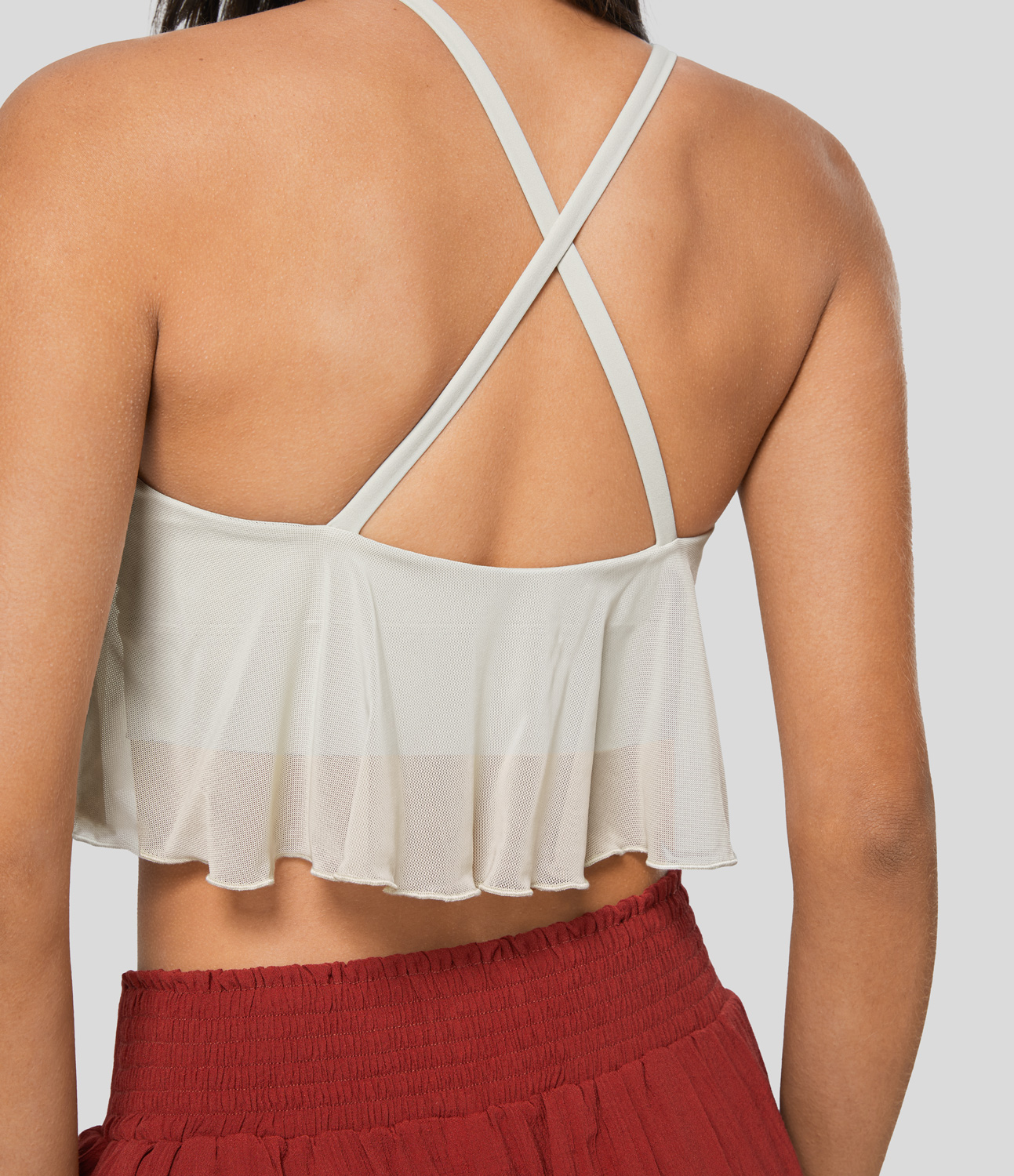 Halara Crisscross Backless Contrast Mesh Cropped Yoga Cami Top Tank Top - White Onyx - M golf tops halter top tunic tops sleeveless tops 