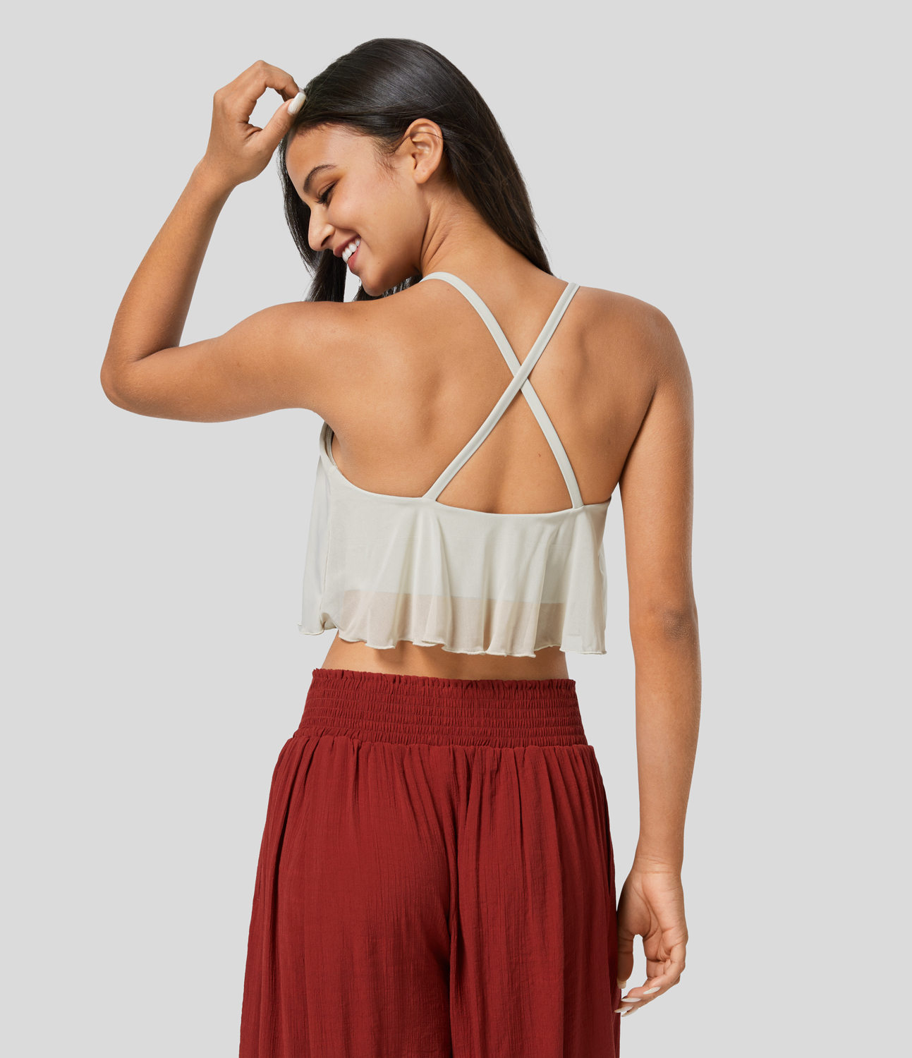 Halara Crisscross Backless Contrast Mesh Cropped Yoga Cami Top Tank Top - White Onyx - M golf tops halter top tunic tops sleeveless tops 