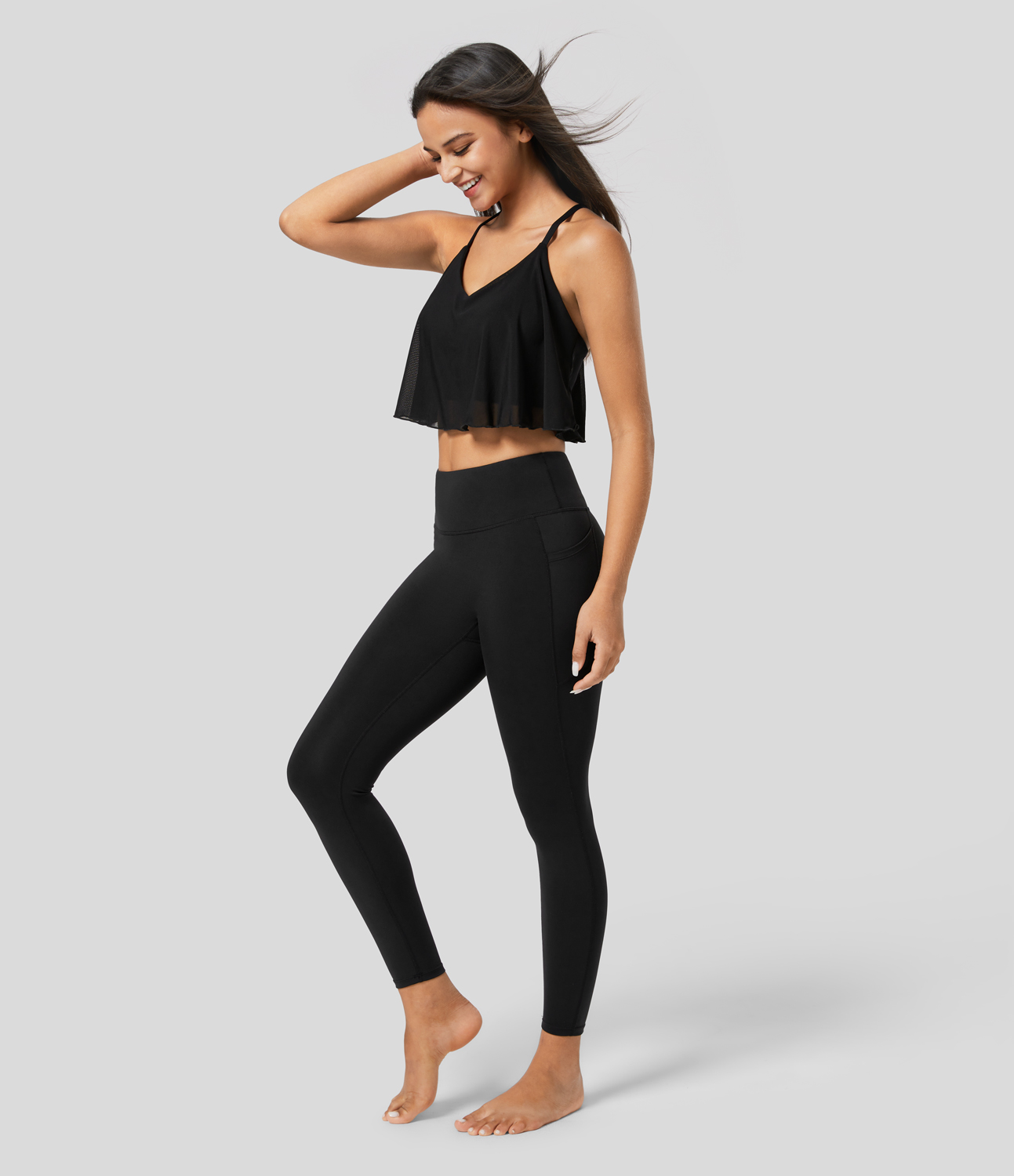 Halara Crisscross Backless Contrast Mesh Cropped Yoga Cami Top Tank Top - Black - XS golf tops halter top tunic tops sleeveless tops 