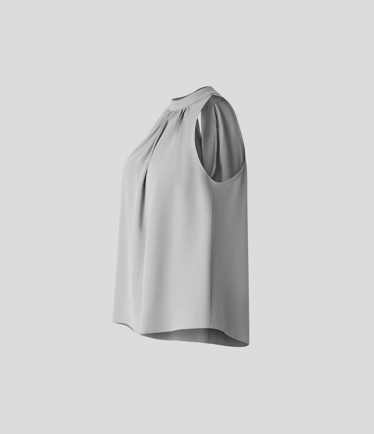 Halara Keyhole Back Halter Plicated Sleeveless Curved Hem Work Blouse  - Sandalwood Grey - L 
