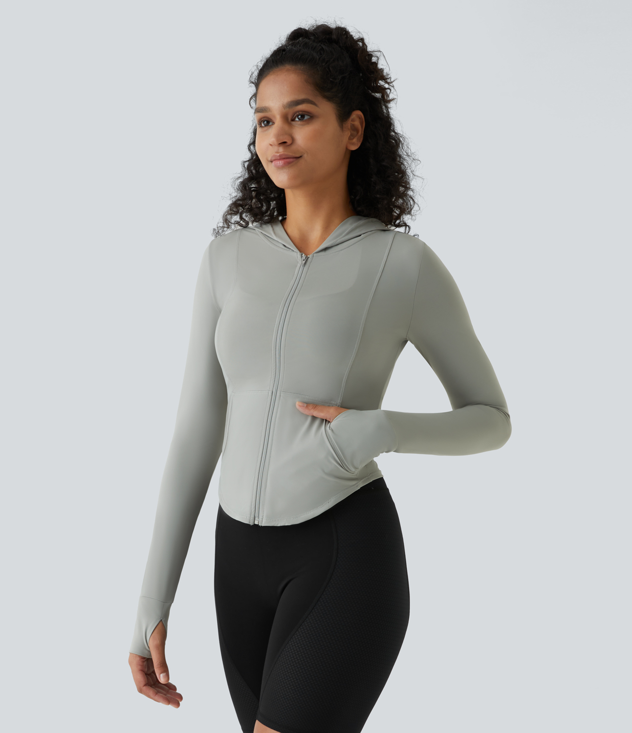 Halara Hooded Zipper Side Pocket Thumb Hole Curved Hem Cool Touch Yoga Jacket-UPF50+  - Storm Gray - XL 