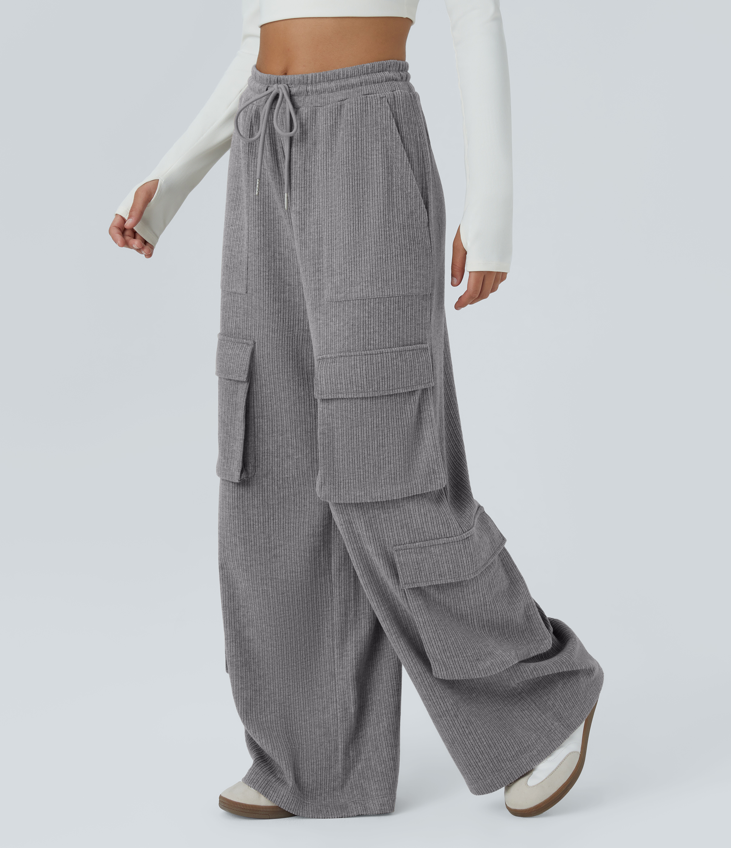 Halara Ribbed Mid Rise Drawstring Multiple Pockets Wide Leg Cargo Casual Pants  - Mockingbird - L(regular) sweatpants jogger pants 