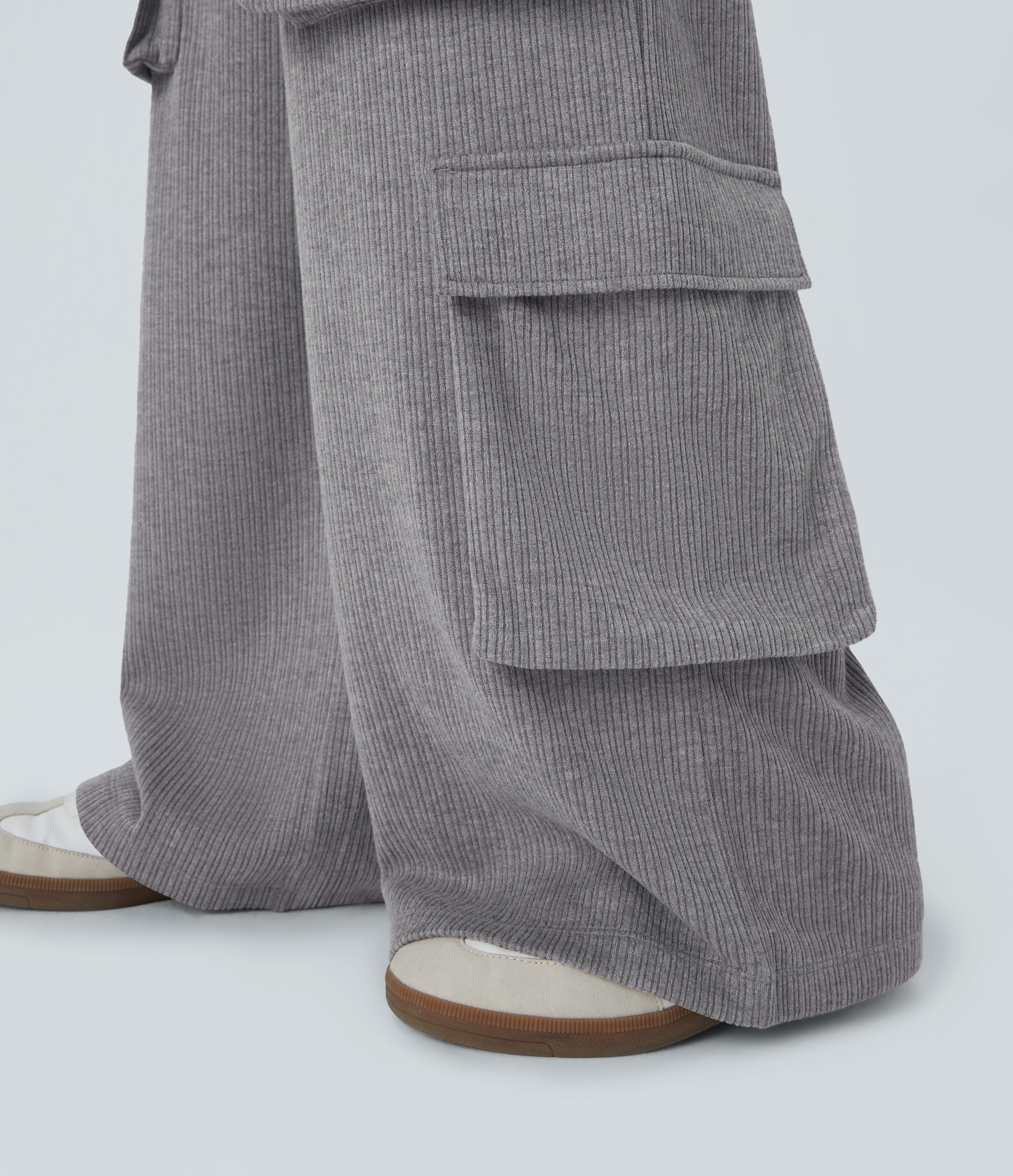 Halara Ribbed Mid Rise Drawstring Multiple Pockets Wide Leg Cargo Casual Pants  - Mockingbird - L(regular) sweatpants jogger pants 