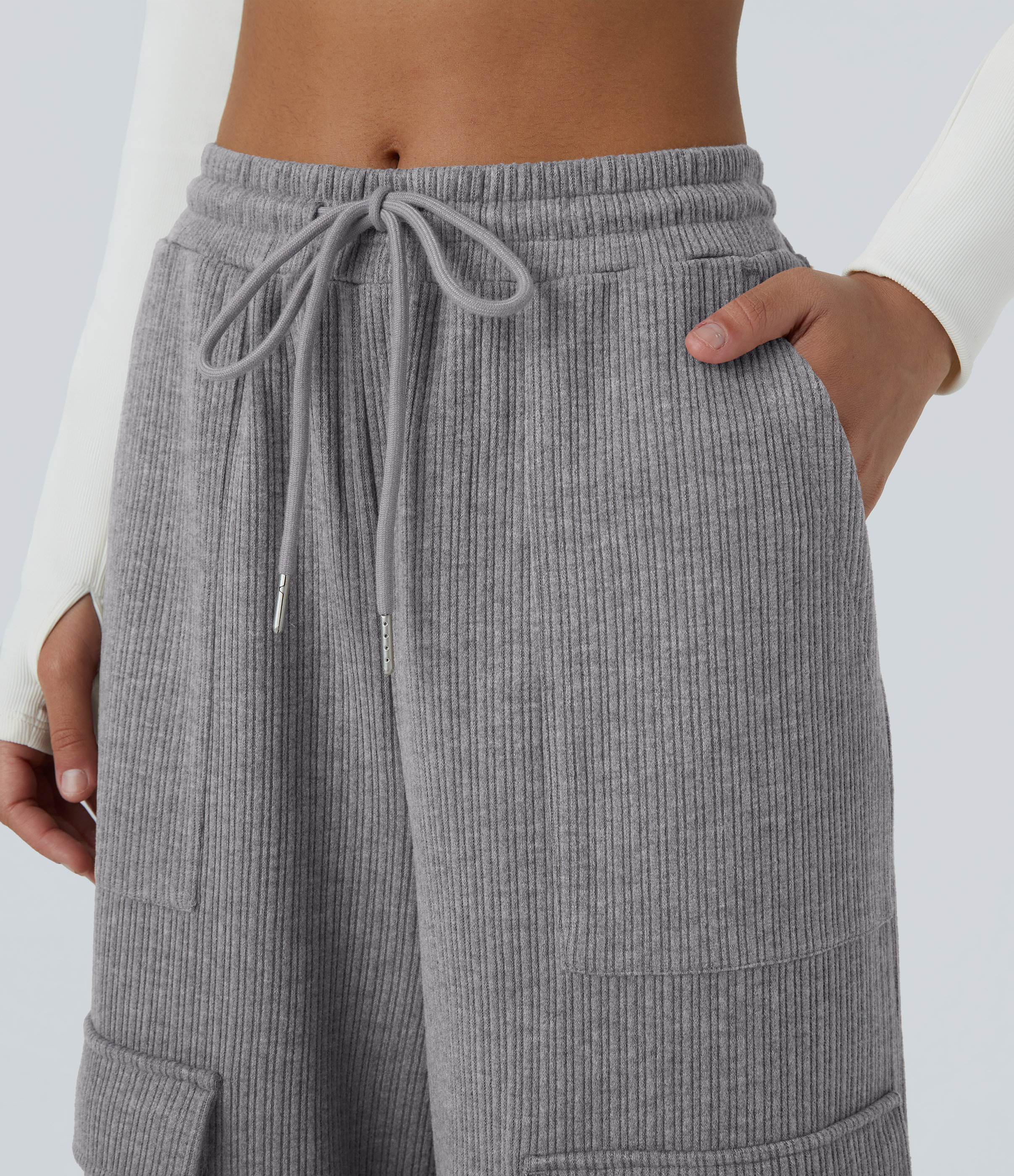 Halara Ribbed Mid Rise Drawstring Multiple Pockets Wide Leg Cargo Casual Pants  - Mockingbird - L(regular) sweatpants jogger pants 