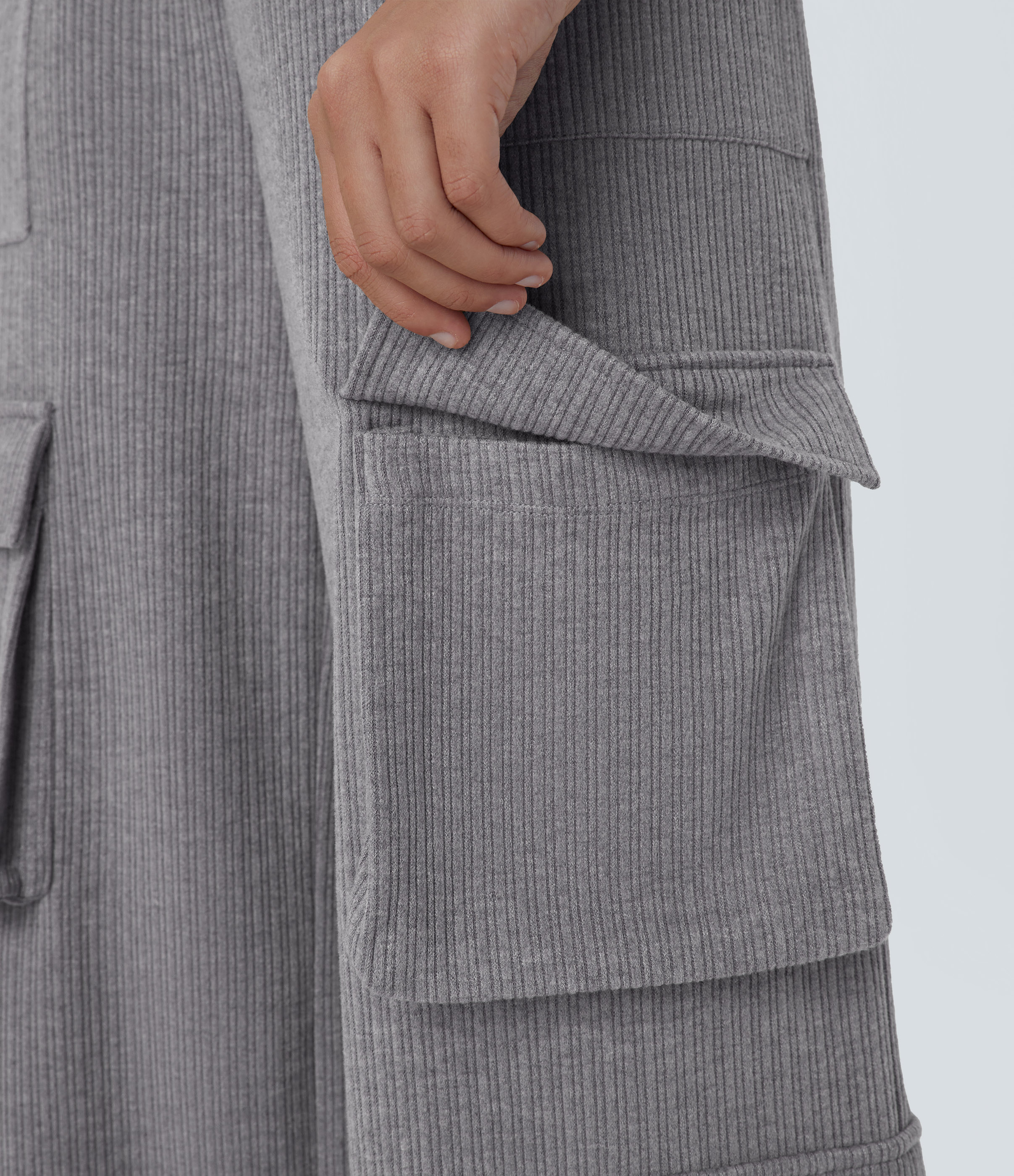 Halara Ribbed Mid Rise Drawstring Multiple Pockets Wide Leg Cargo Casual Pants  - Mockingbird - L(regular) sweatpants jogger pants 