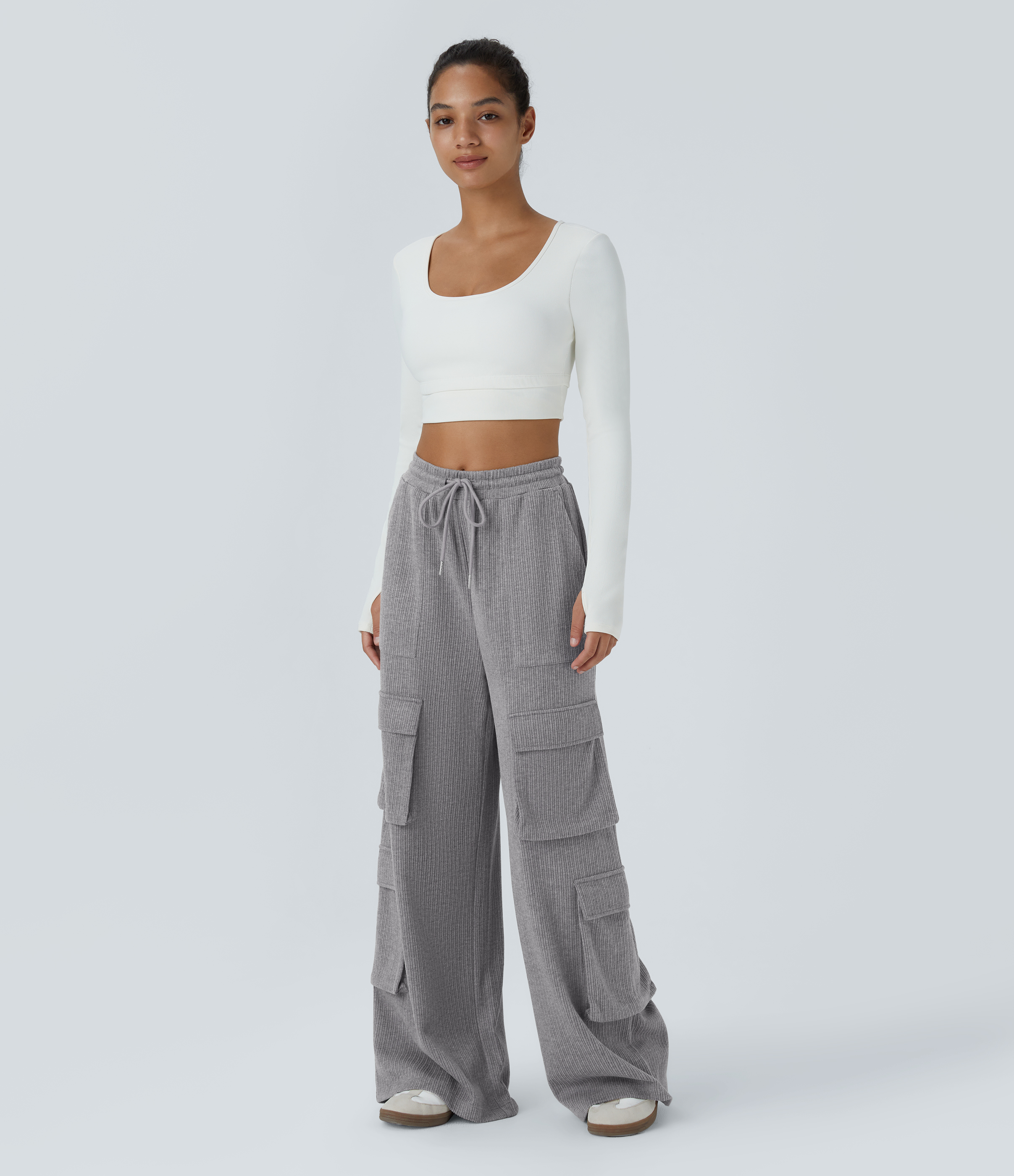 Halara Ribbed Mid Rise Drawstring Multiple Pockets Wide Leg Cargo Casual Pants  - Mockingbird - L(regular) sweatpants jogger pants 