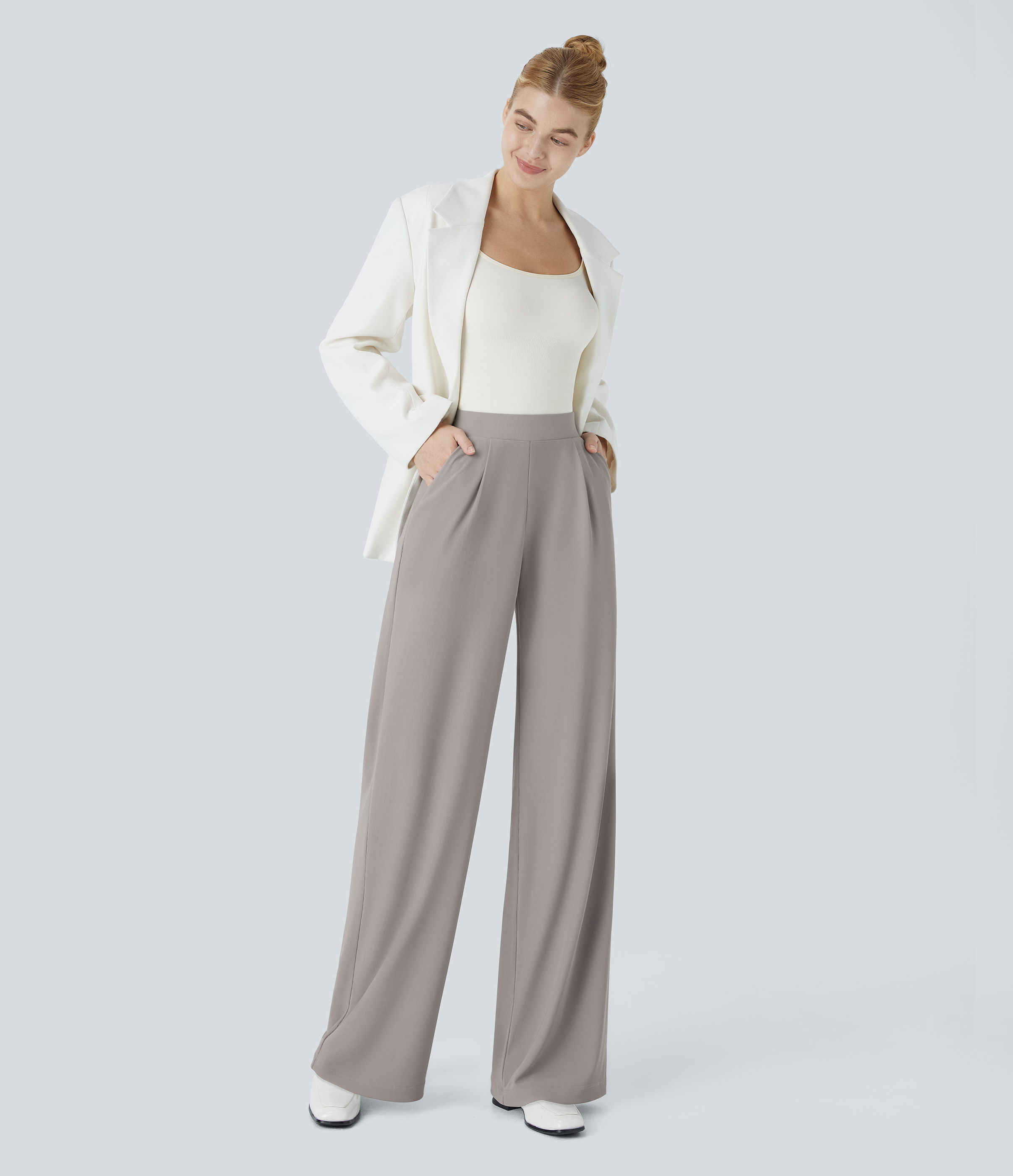 Halara Halara Flexв„ў High Waisted Body Sculpt Waist-Slimming Side Pocket Wide Leg Micro Waffle Work Pants  - Satellite - M(tall) sweatpants 