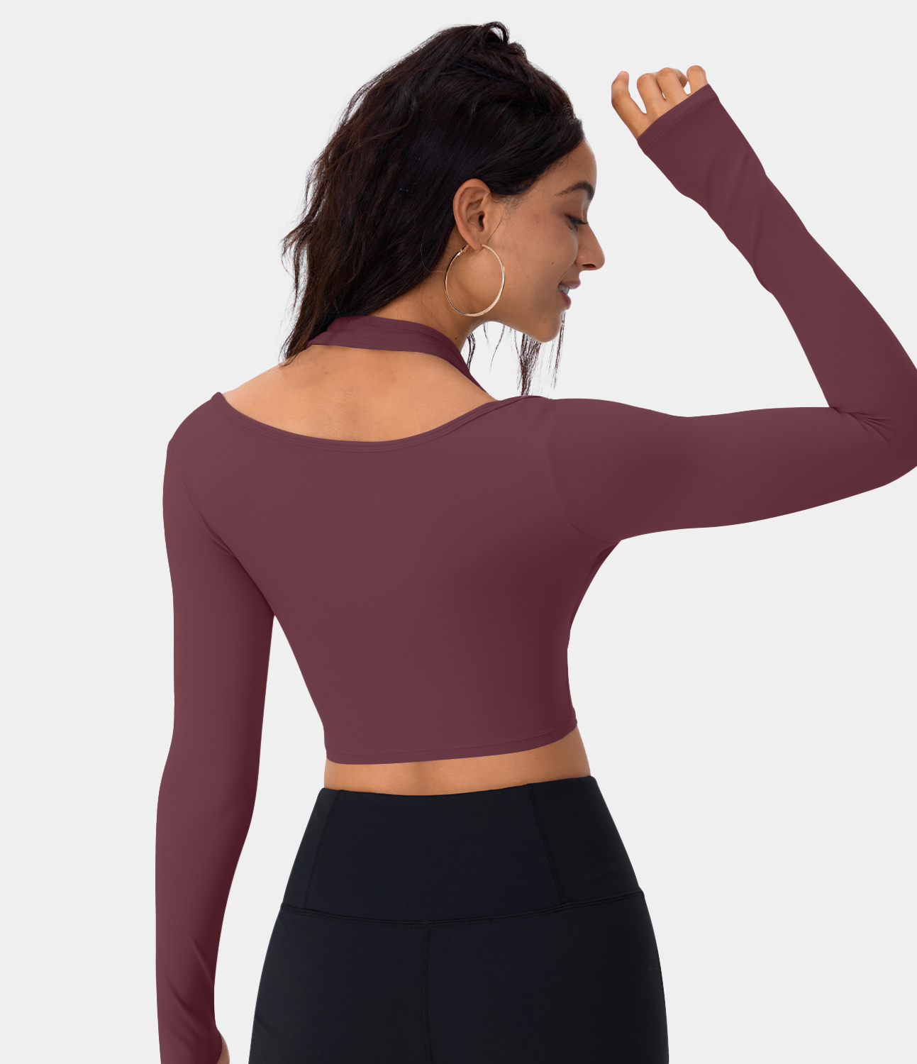 

Halara Softlyzeroв„ў Plush Halter Thumb Hole Long Sleeve Cropped 2-in-1 Yoga Sports Top-UPF50+ - Red Mahogany