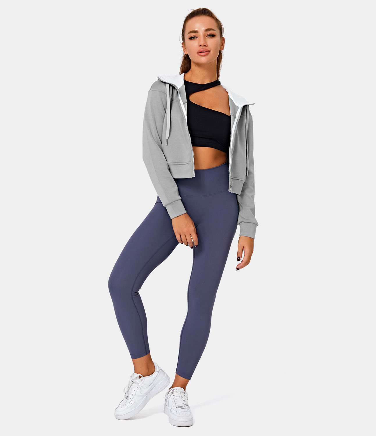 Women's Front Zipper Side Pocket Hooded Cropped Jacket HALARA