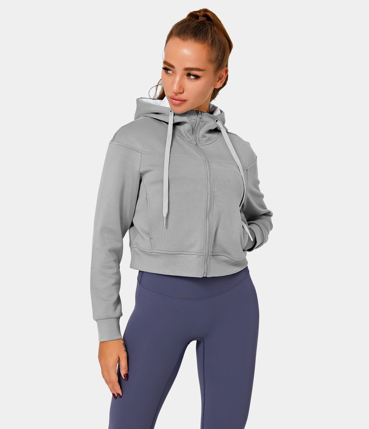 Women's Front Zipper Side Pocket Hooded Cropped Jacket HALARA