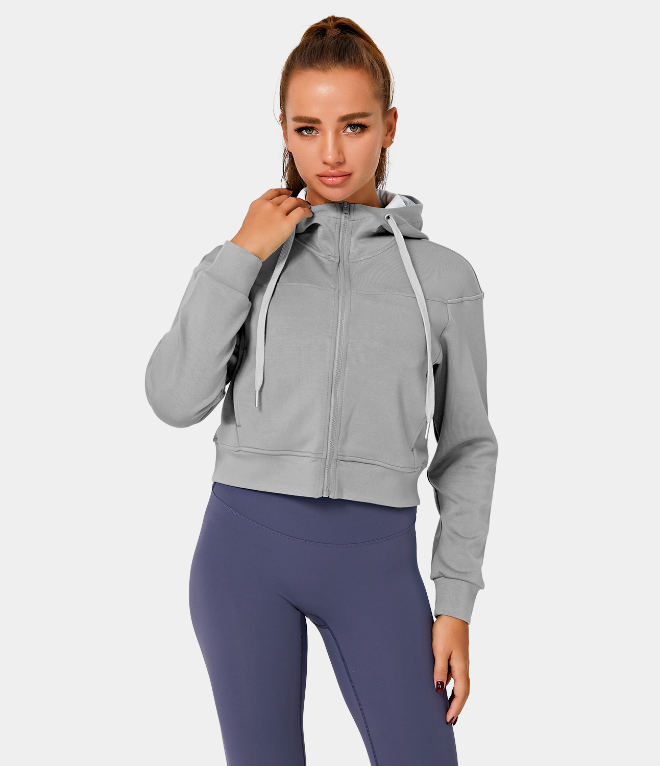 Women's Front Zipper Side Pocket Hooded Cropped Jacket HALARA