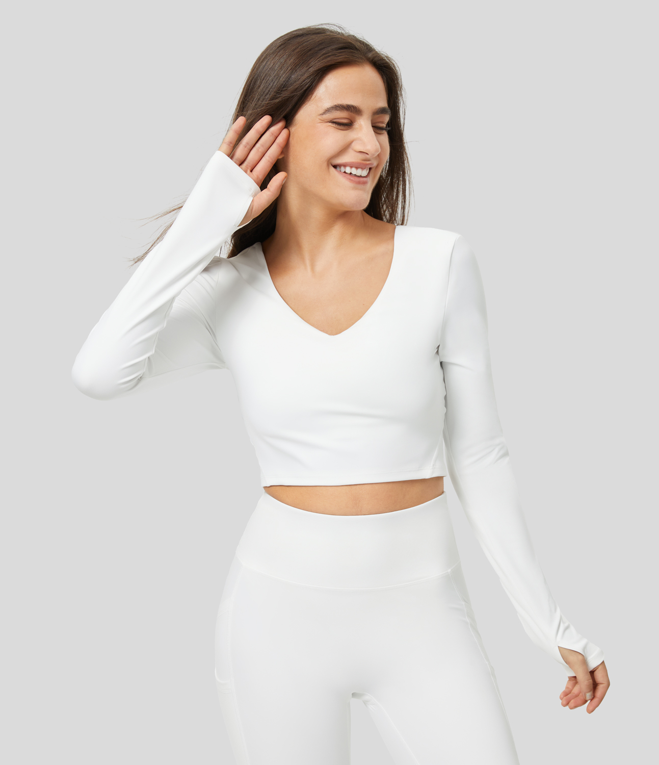 Halara Padded V Neck Backless Thumb Hole Cropped Yoga Sports Top  - White - S 