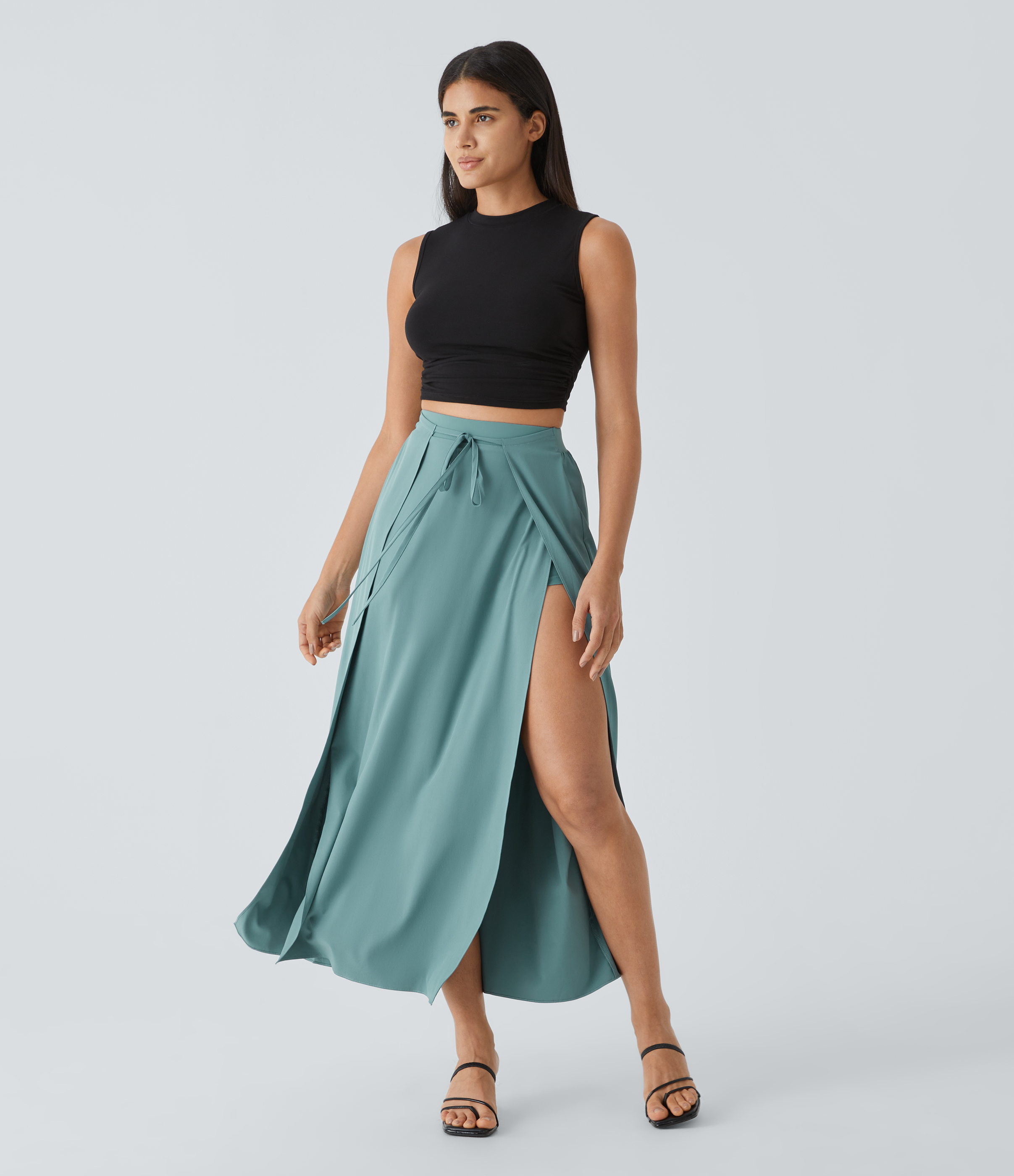 Halara Breezefulв„ў High Waisted Tie Front Plicated Split Flowy 2-in-1 Maxi Quick Dry Casual Skirt  - Mineral Blue - M(regular) 