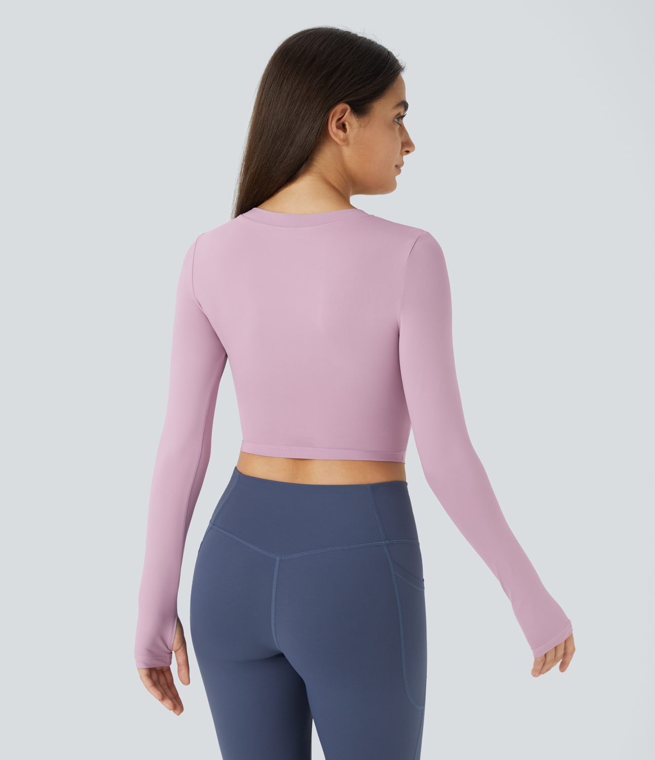 Halara Crew Neck Thumb Hole Cut Out Cropped Sports Top  - Lilac Purple - S 