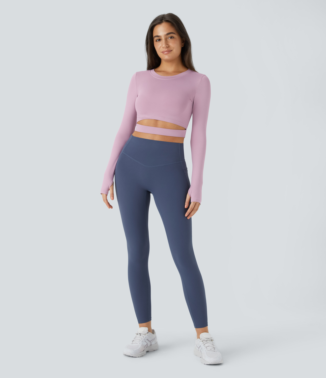 Halara Crew Neck Thumb Hole Cut Out Cropped Sports Top  - Lilac Purple - S 