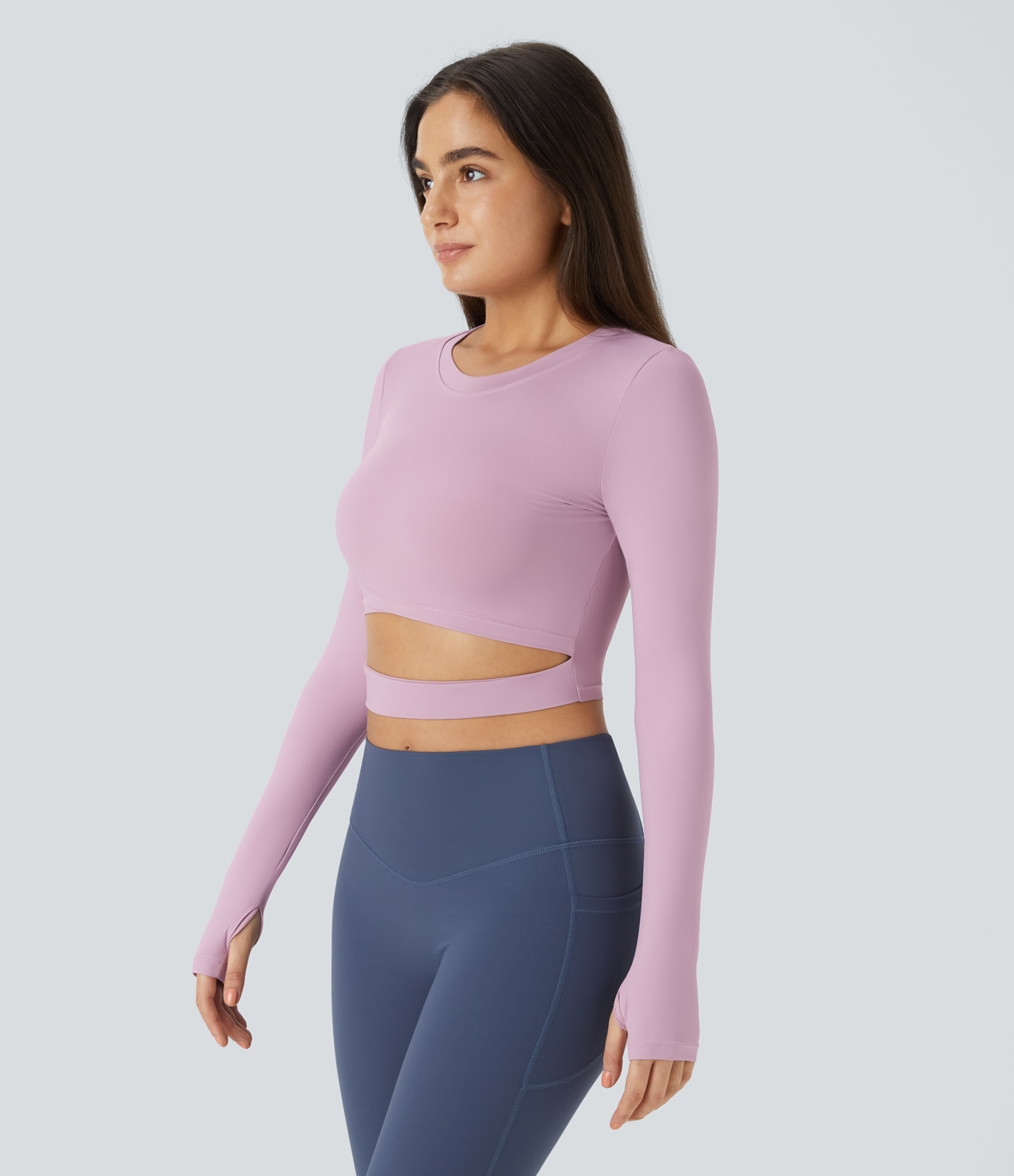 Halara Crew Neck Thumb Hole Cut Out Cropped Sports Top  - Lilac Purple - S 
