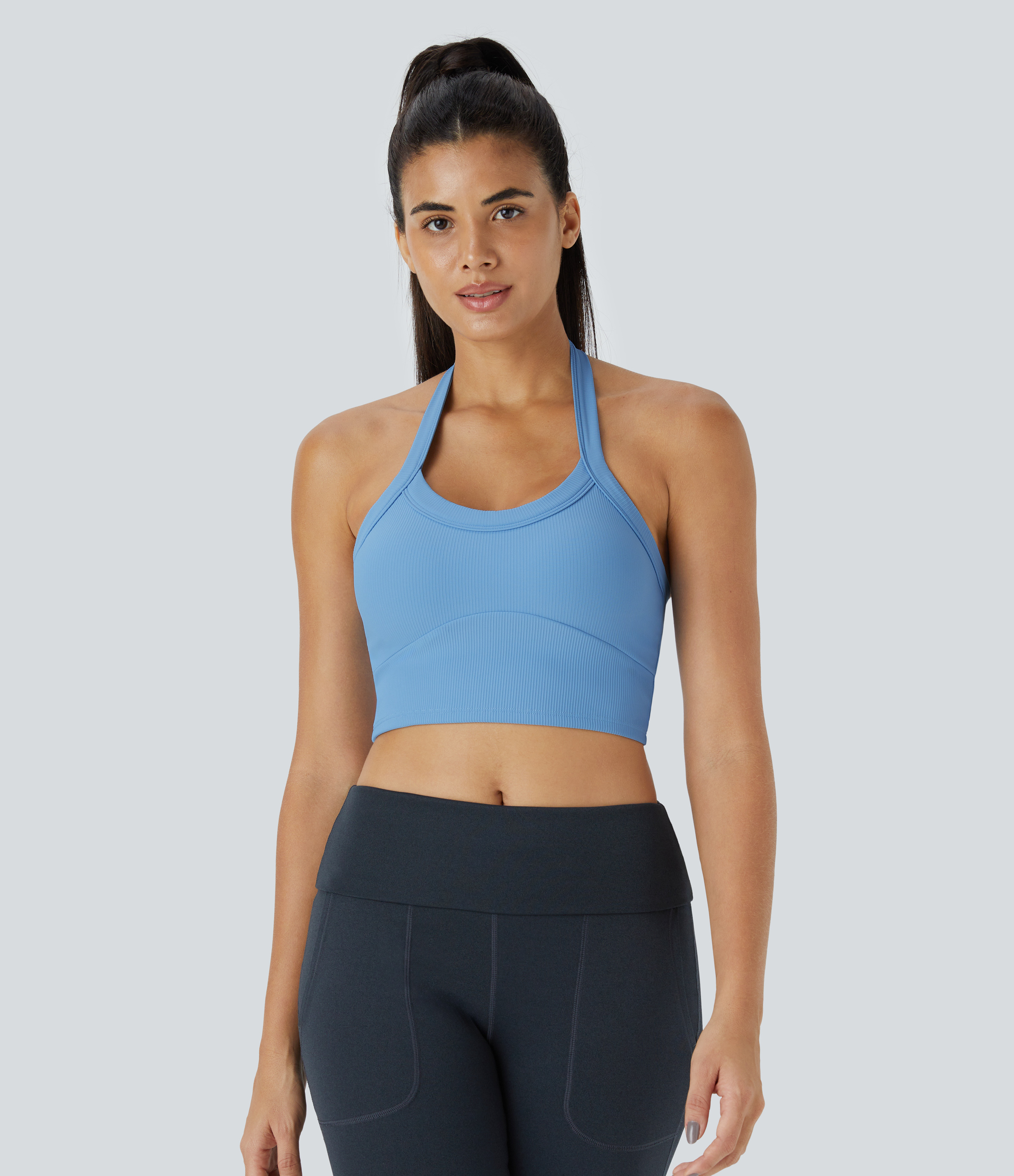 Halara Low Support Halter Backless Solid Yoga Sports Bra  - Bright  Blue - M push up bra strapless bra backless bra sticky bra wireless bra 