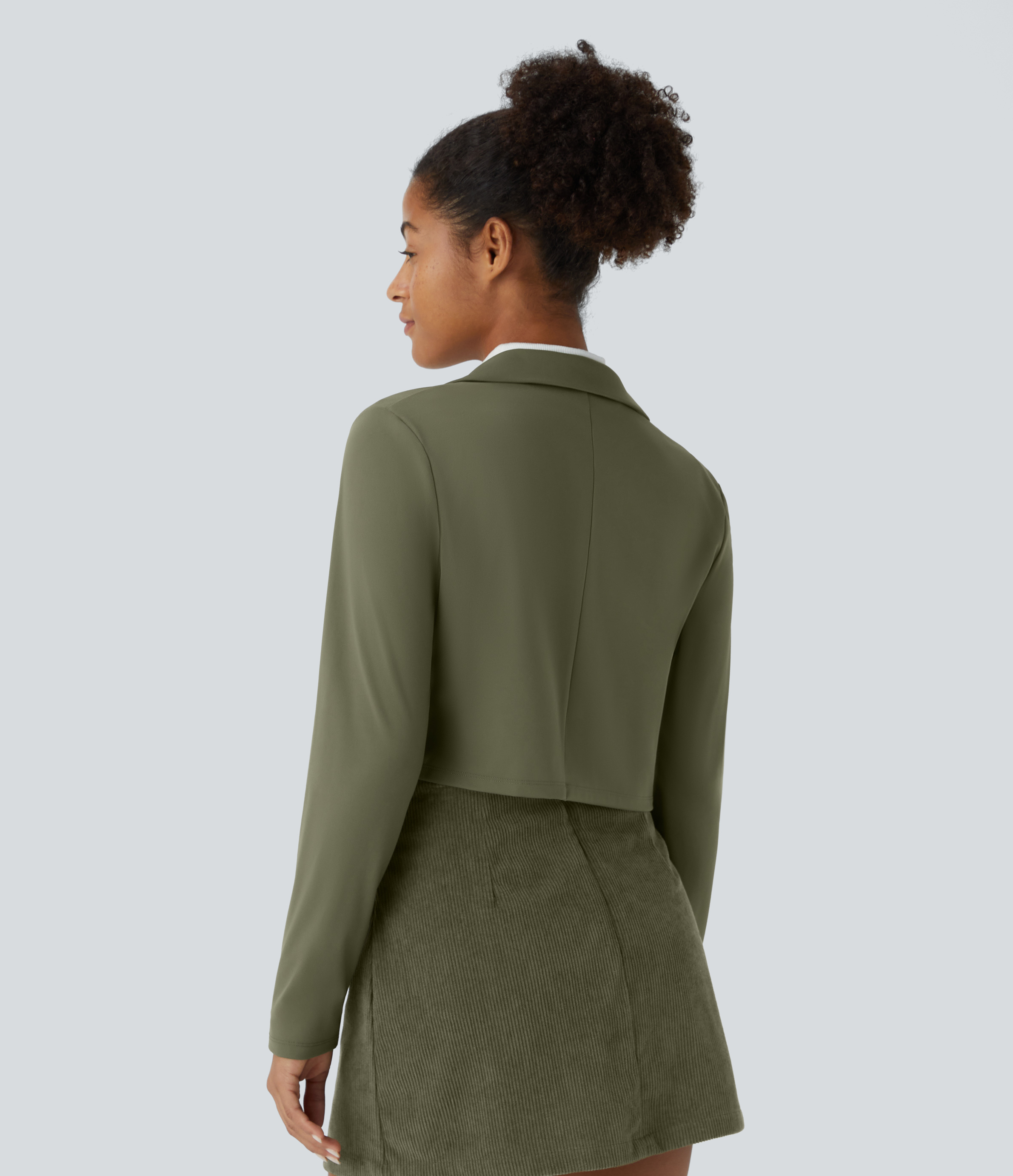 Halara Softlyzeroв„ў Plush Lapel Open Front Solid Cropped Casual Blazer  - Grass Grey Green - M 