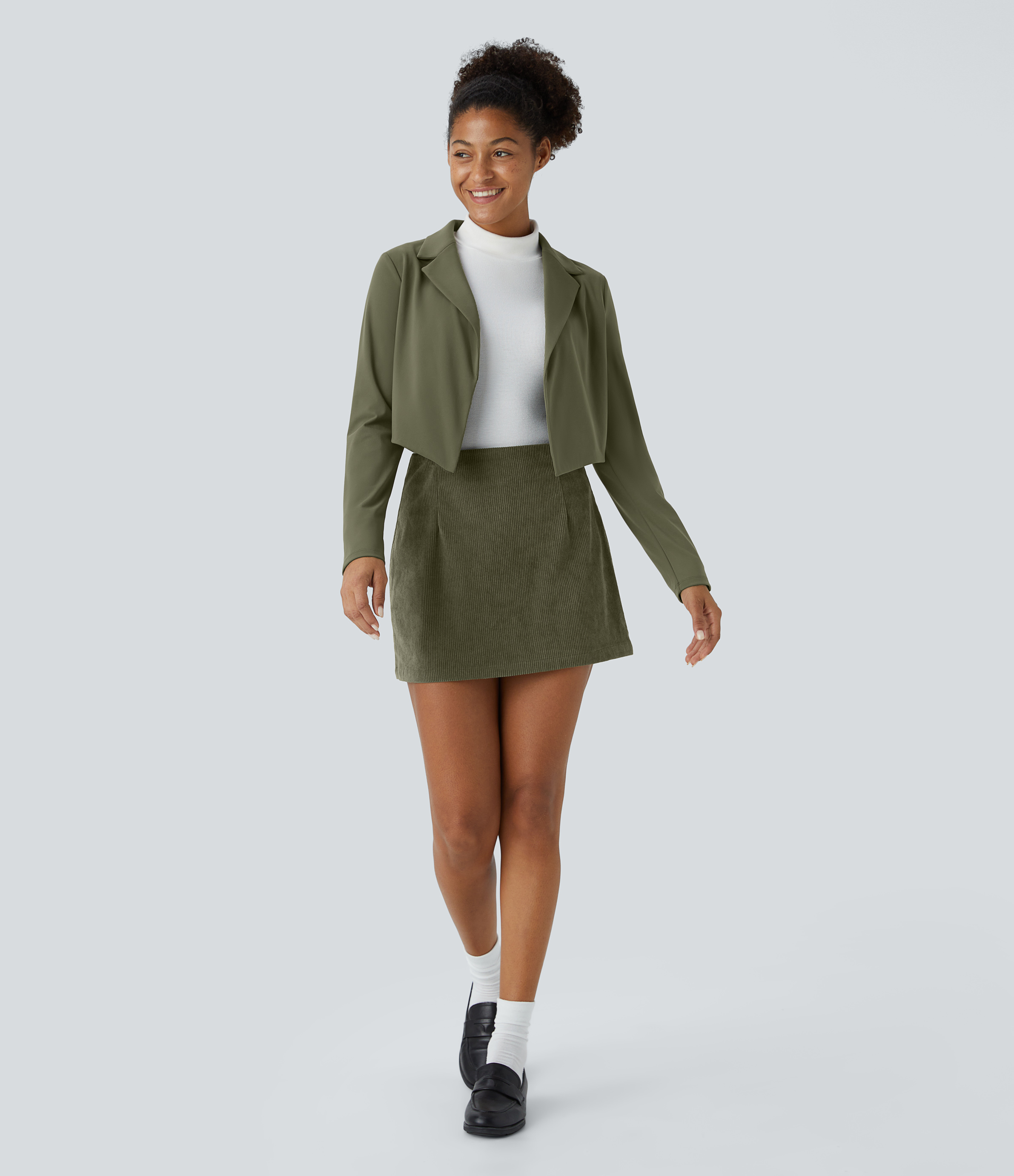 Halara Softlyzeroв„ў Plush Lapel Open Front Solid Cropped Casual Blazer  - Grass Grey Green - M 
